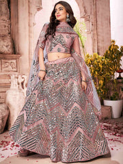 Gleaming Dusty Pink Net Paper Mirror Work Wedding Lehenga Choli