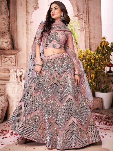Gleaming Dusty Pink Net Paper Mirror Work Wedding Lehenga Choli