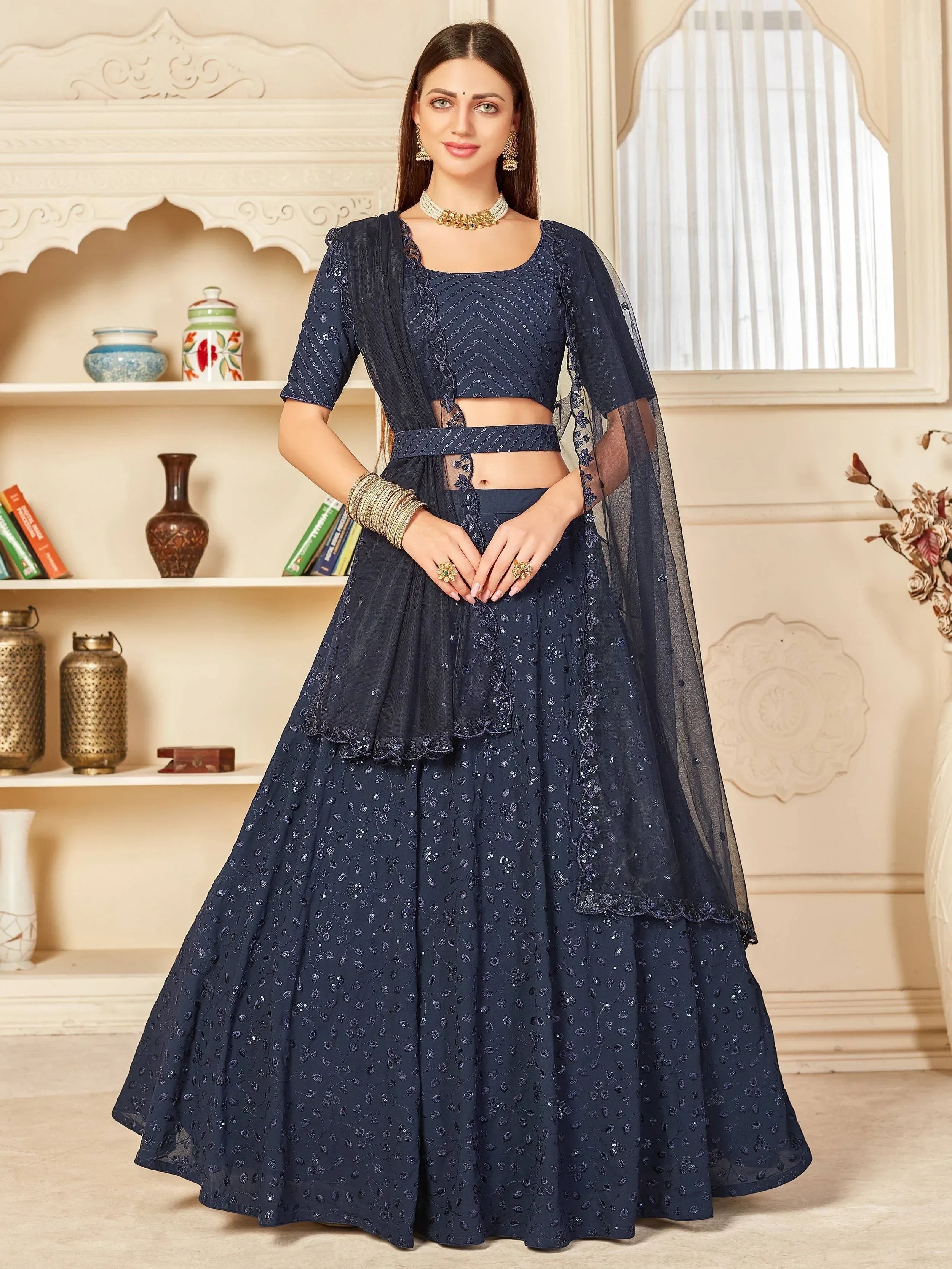 Navy Blue Thread Embroidered Georgette Party Wear Lehenga Choli