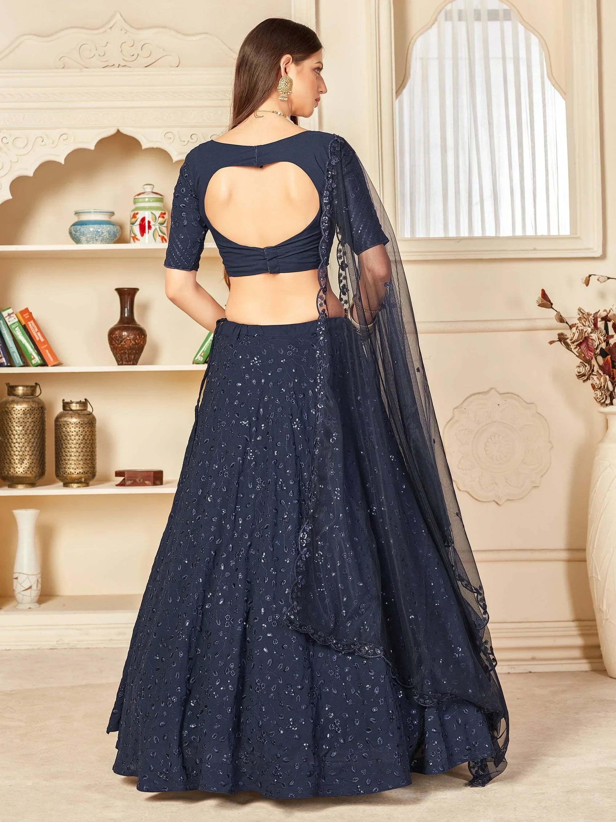 Navy Blue Thread Embroidered Georgette Party Wear Lehenga Choli