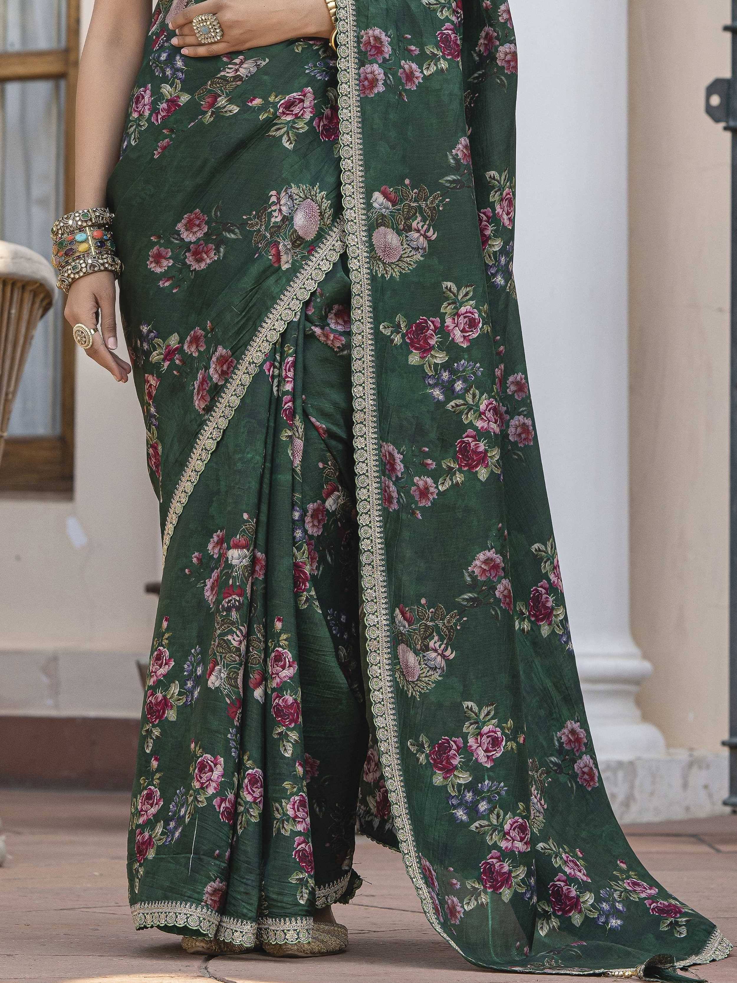Green floral saree with gold border, Indian ethnic wear, designer saree with traditional jewelry