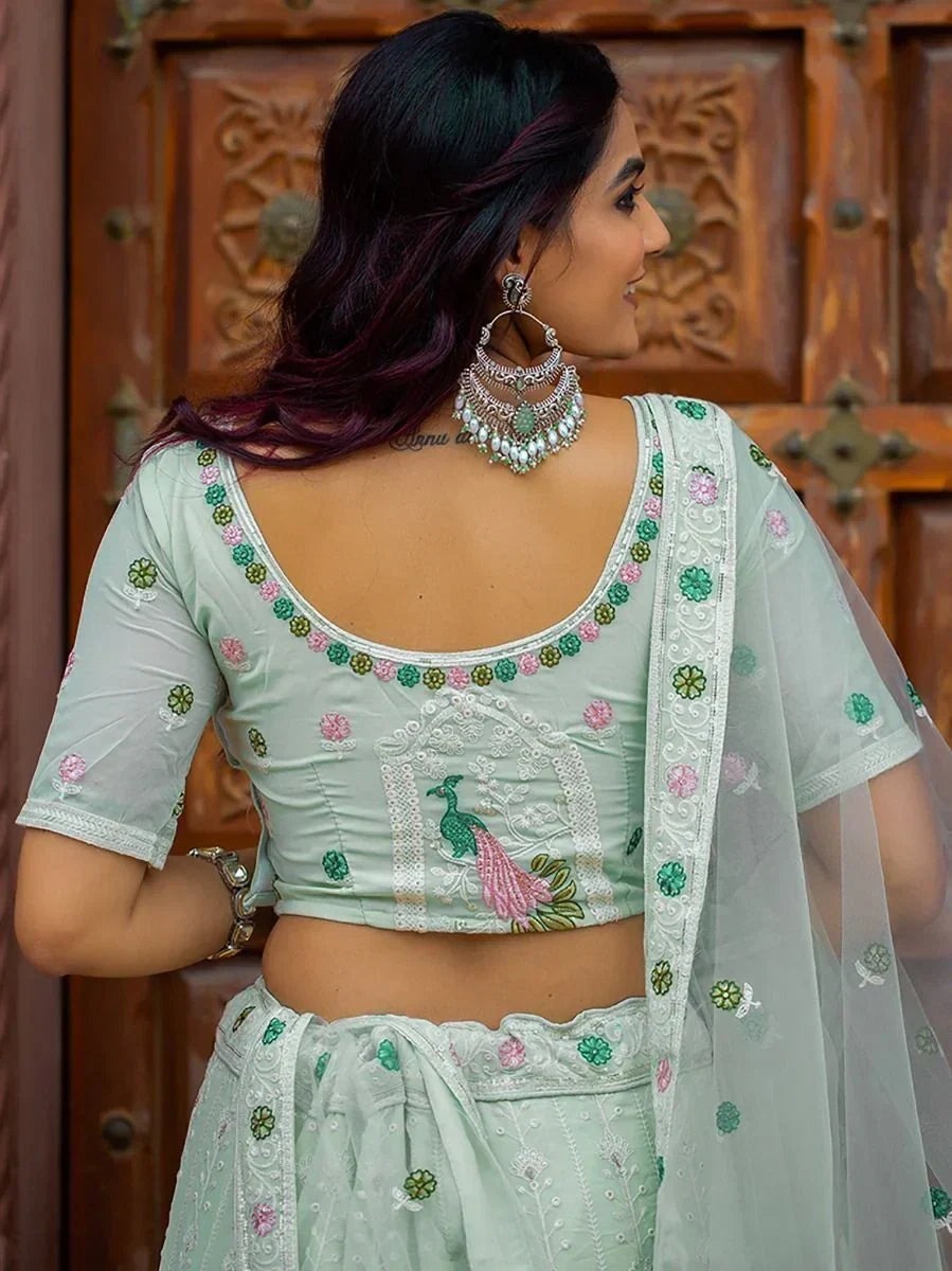 Marvelous Pista Green Embroidered Georgette Festive Wear Lehenga Choli