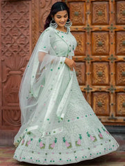 Marvelous Pista Green Embroidered Georgette Festive Wear Lehenga Choli