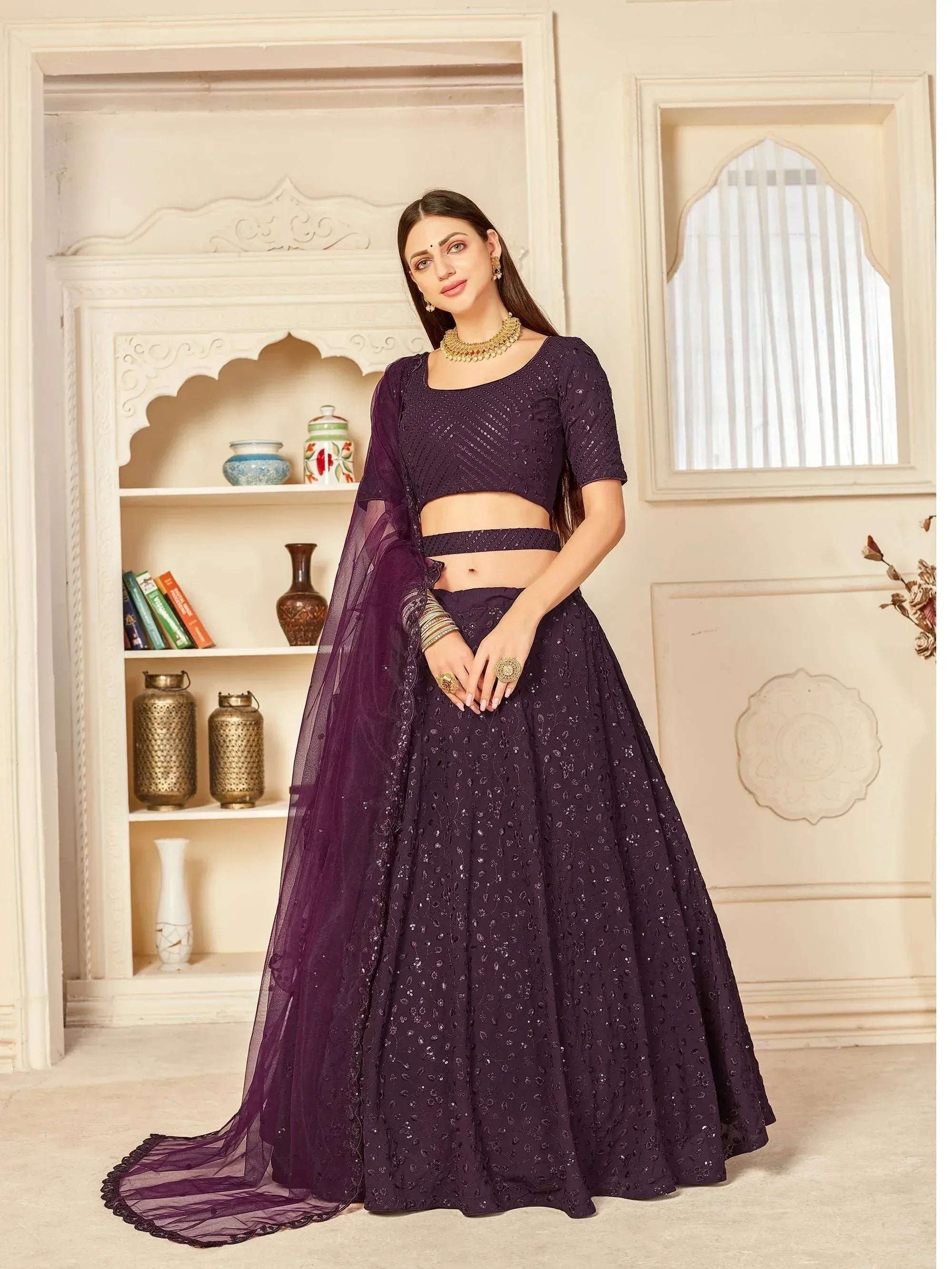Purple sequin lehenga choli with sheer dupatta, Indian ethnic wear for weddings and parties