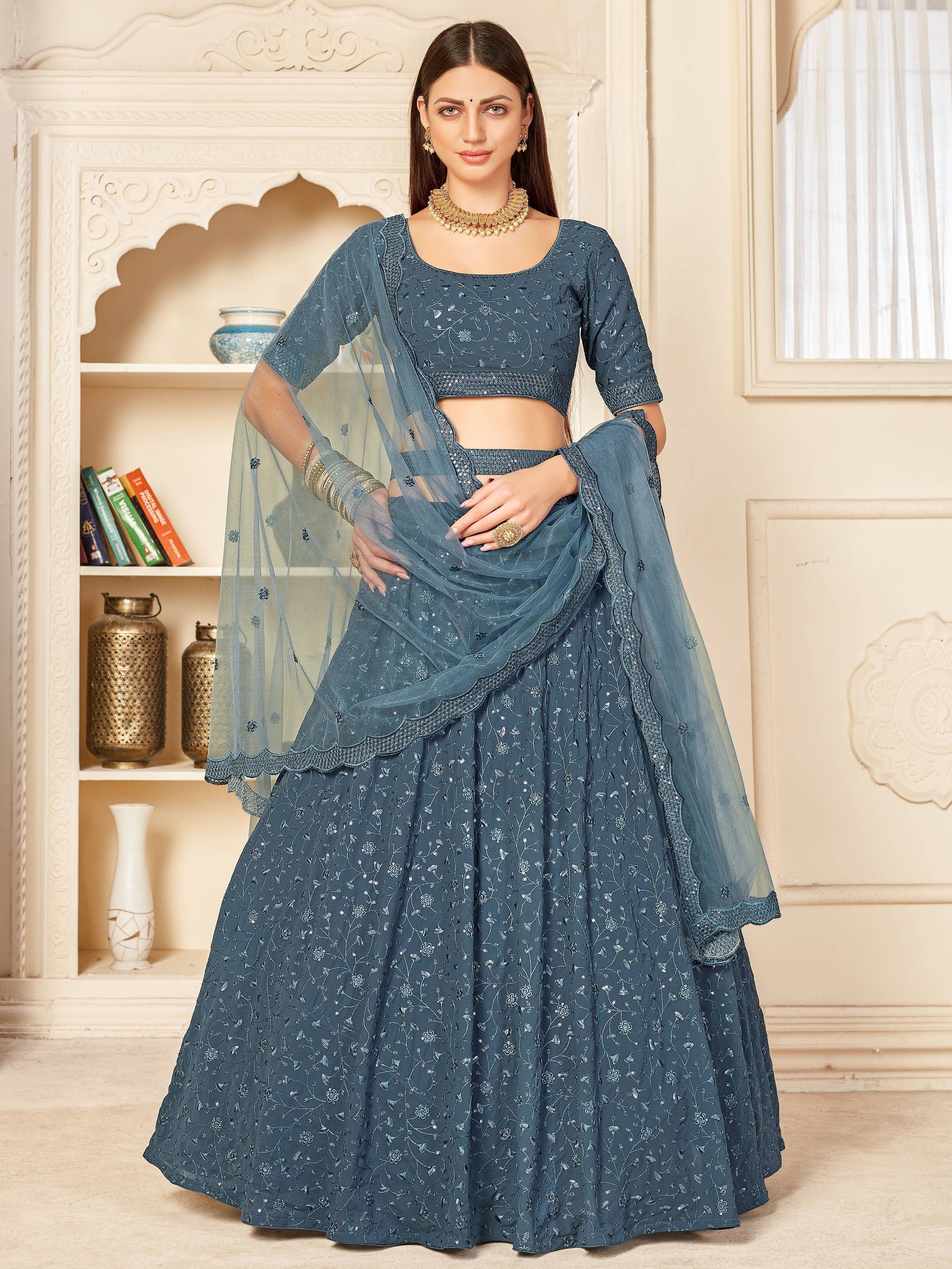 Grey Thread Embroidered Georgette Party Wear Lehenga Choli