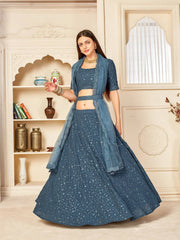 Grey Thread Embroidered Georgette Party Wear Lehenga Choli