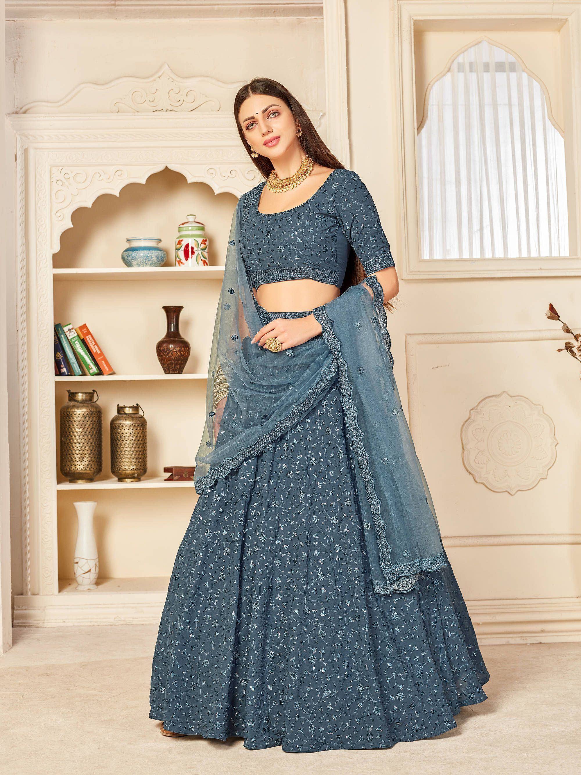 Blue embroidered lehenga choli with sheer dupatta, Indian ethnic wear for women