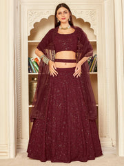 Maroon Thread Embroidered Georgette Party Wear Lehenga Choli