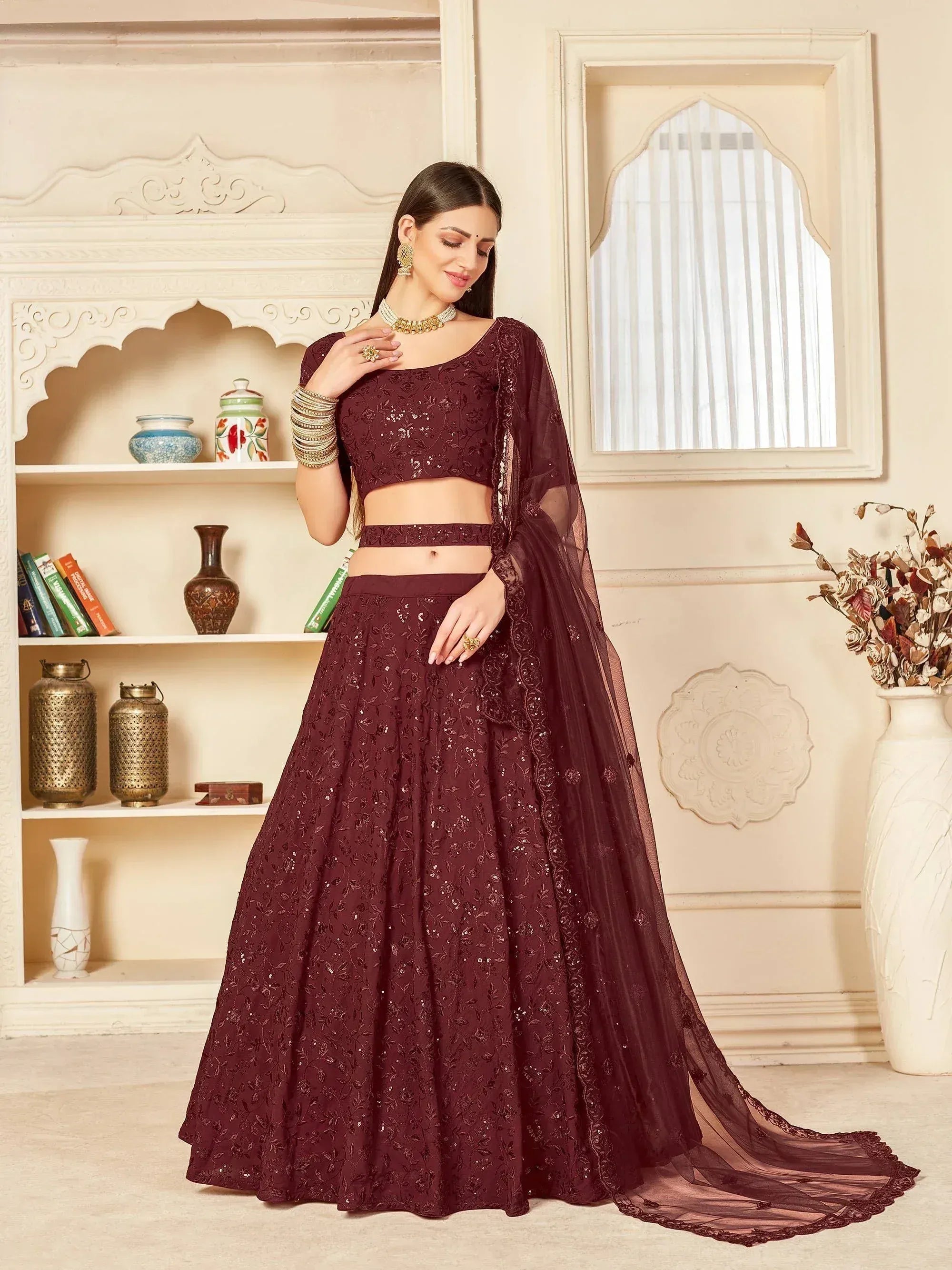 Burgundy embroidered lehenga choli with sheer dupatta, Indian ethnic wear for weddings and festivals