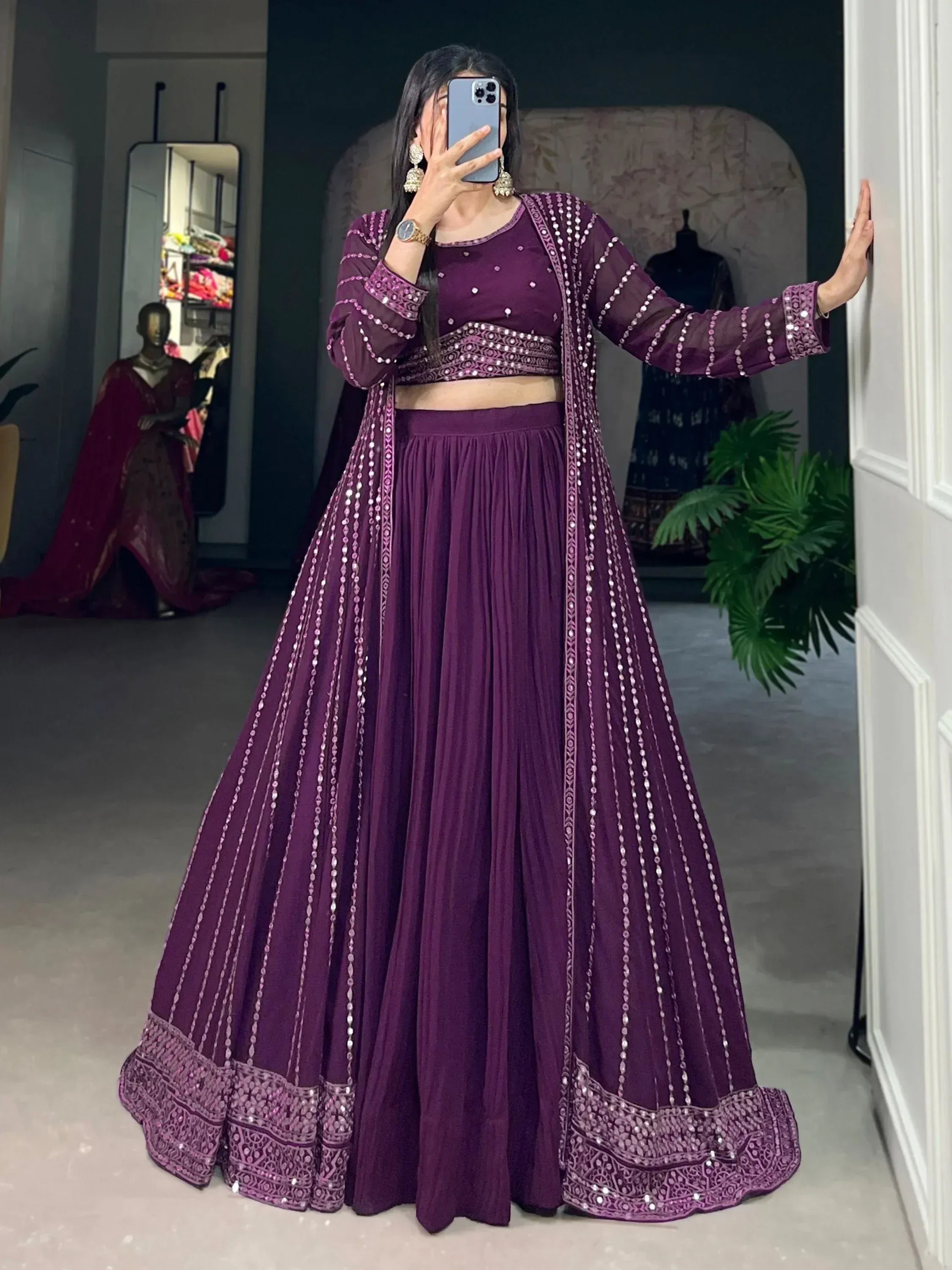 Purple sequin lehenga choli with sheer dupatta, ethnic Indian wear for weddings and parties