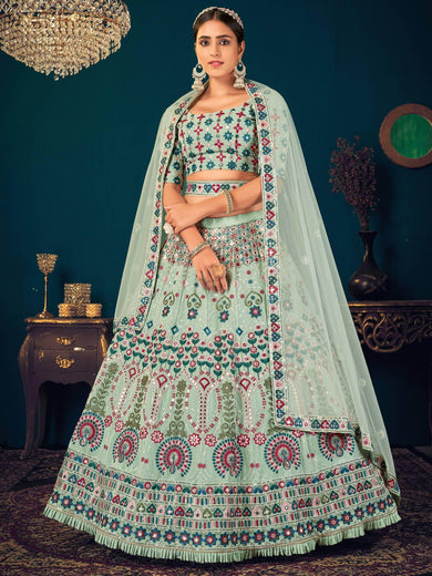 Pista Green Multi Thread Embroidered Georgette Wedding Wear Lehenga Choli