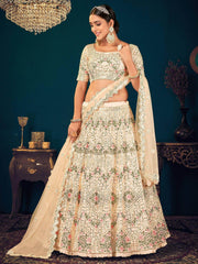 Beige Sequins Embroidered Georgette Net Wedding Wear Lehenga Choli