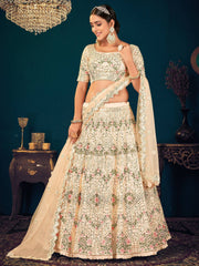 Beige Sequins Embroidered Georgette Net Wedding Wear Lehenga Choli