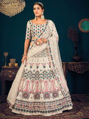 White Multi Thread Embroidered Georgette Wedding Wear Lehenga Choli
