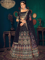 Navy Blue Multi Thread Embroidered Georgette Wedding Lehenga Choli
