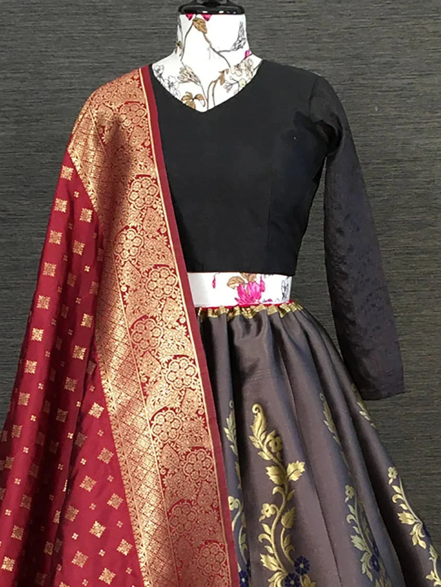 Black and maroon ethnic lehenga choli with gold embroidery and floral dupatta for women