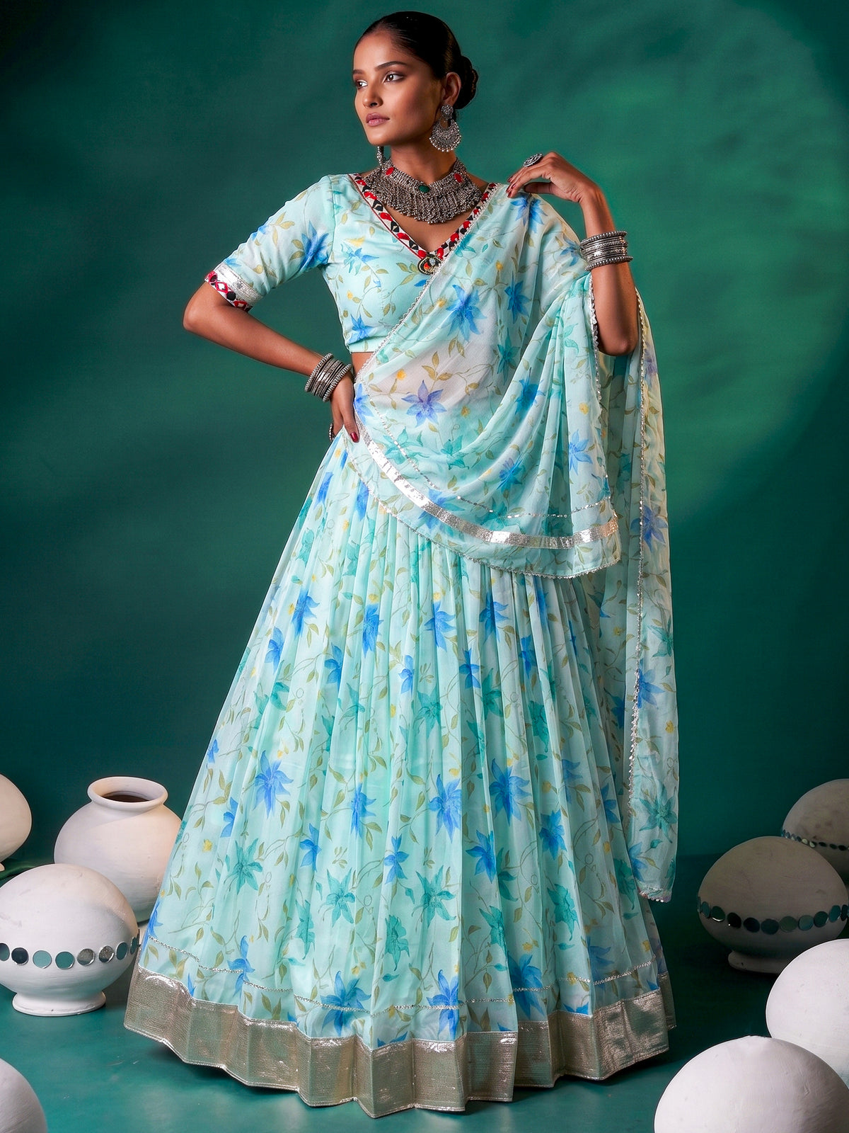 Magnetic Sky Blue Floral Printed Silk Festive Wear Lehenga With Blouse
