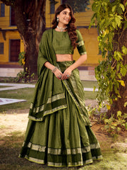Attractive Green Zari Weaving Cotton Wedding Wear Lehenga Choli
