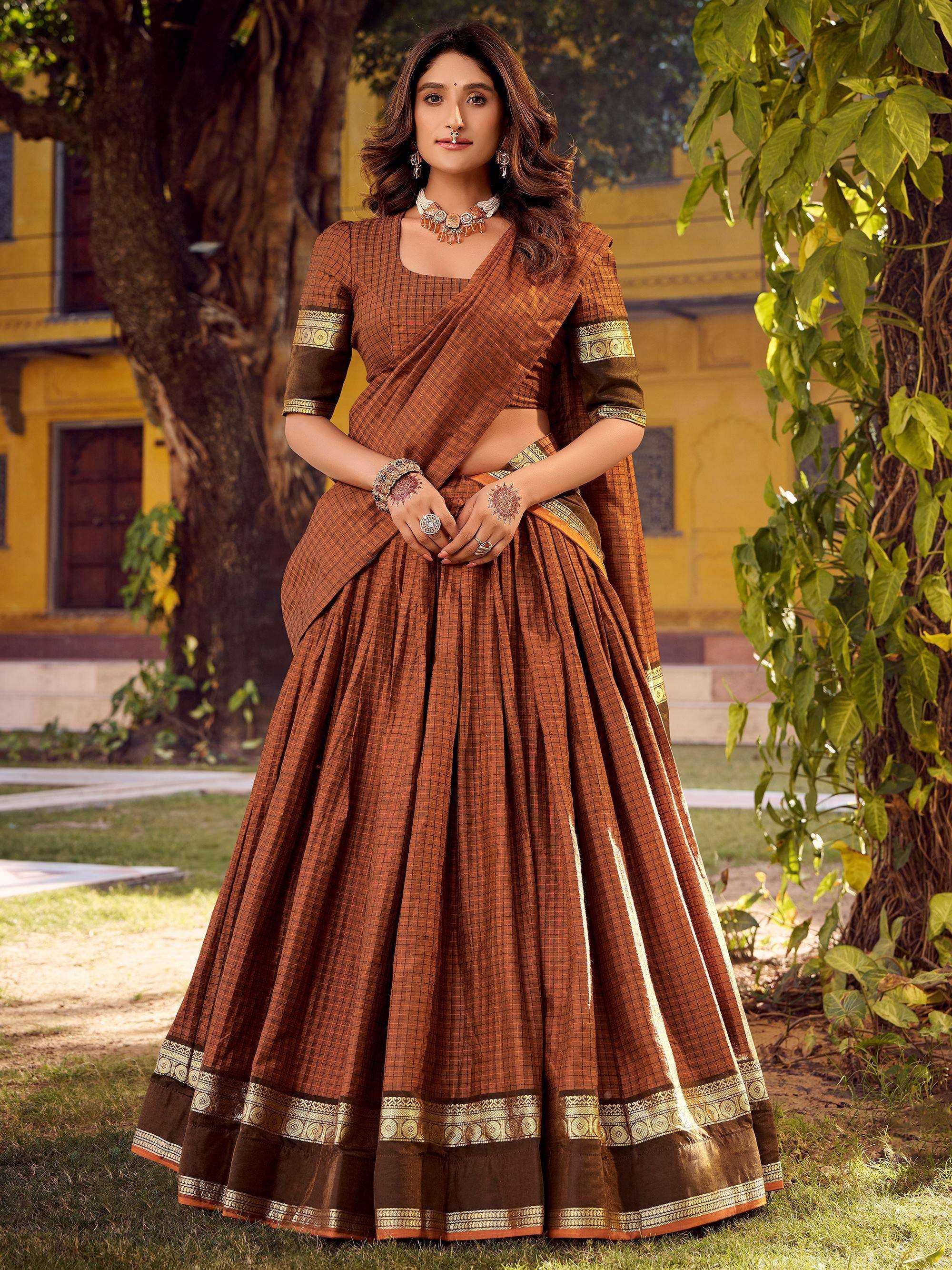 Pretty Brown Zari Weaving Cotton Festive Wear Lehenga Choli