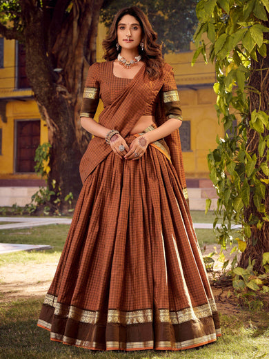 Pretty Brown Zari Weaving Cotton Festive Wear Lehenga Choli
