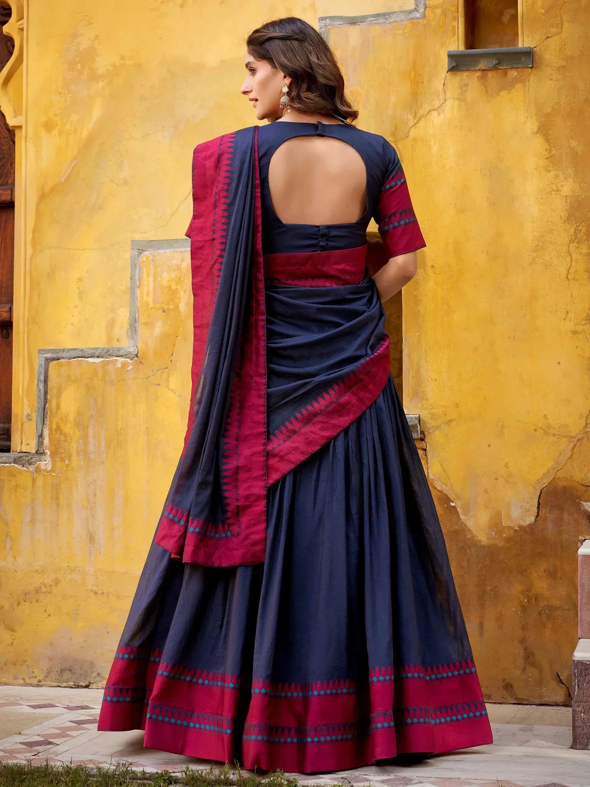 Awesome Blue Weaving Border Silk Festival Wear Half Saree Lehenga
