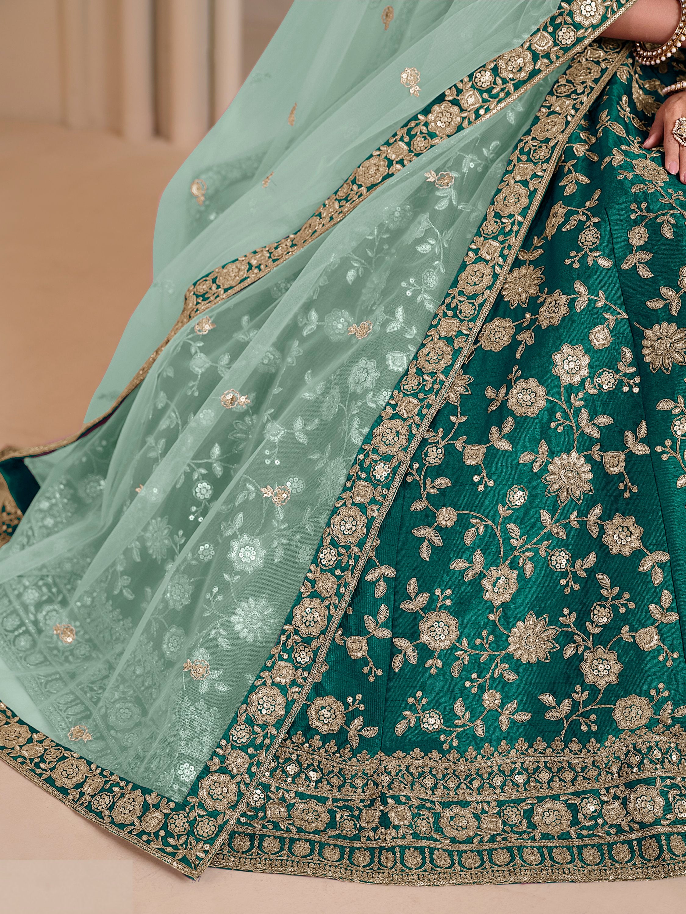 Outstanding Teal Green Floral Work Silk Wedding Wear Lehenga With Blouse