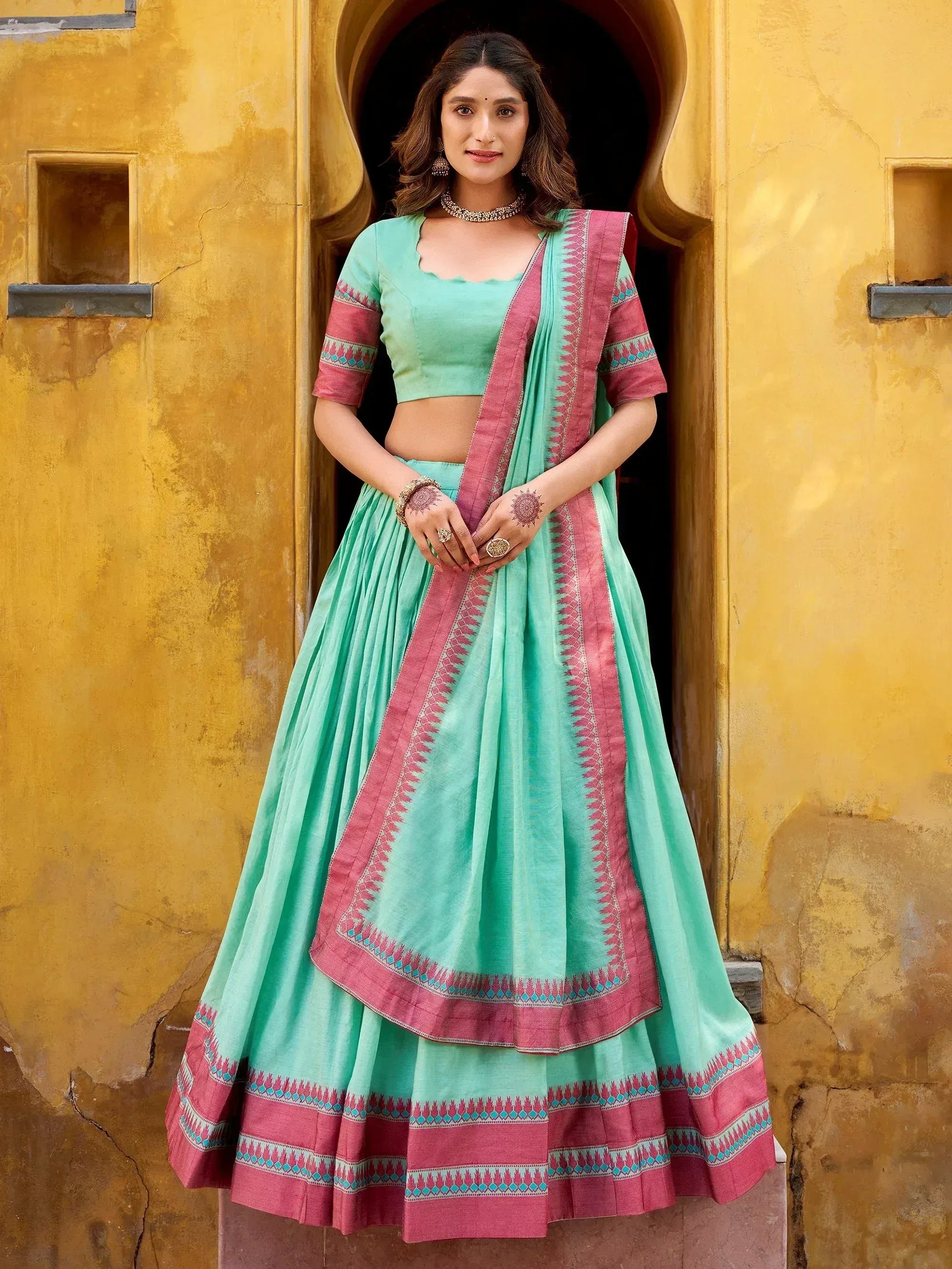 Gorgeous Sky Blue Weaving Border Silk Function Wear Half Saree Lehenga