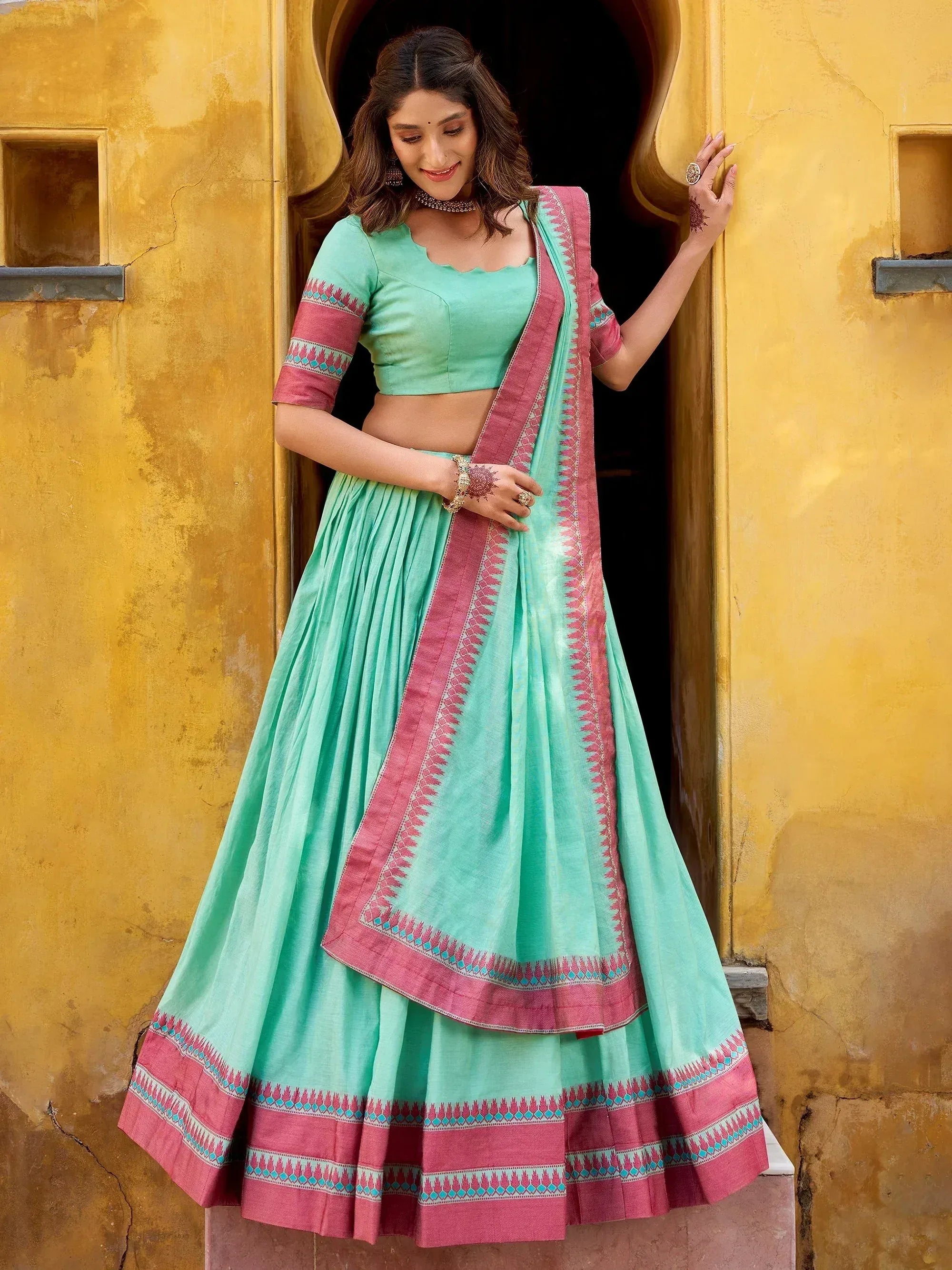 Gorgeous Sky Blue Weaving Border Silk Function Wear Half Saree Lehenga