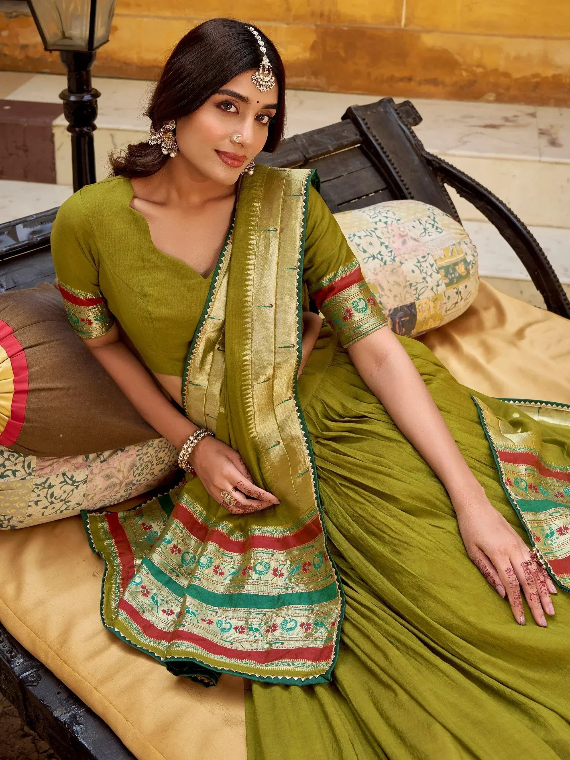 Fabulous Green Zari Weaving Chanderi Bridesmaid Half Saree Lehenga