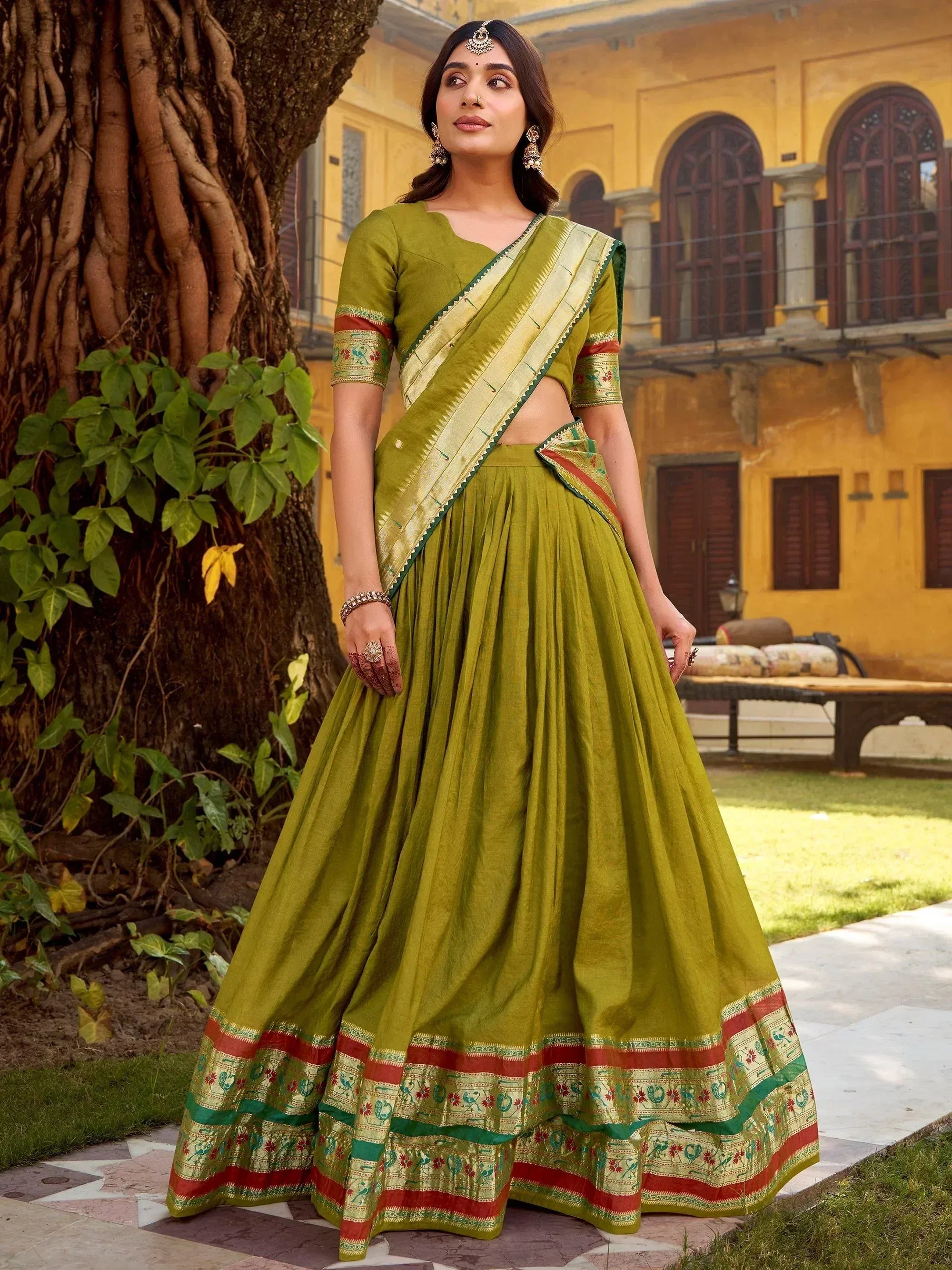 Fabulous Green Zari Weaving Chanderi Bridesmaid Half Saree Lehenga