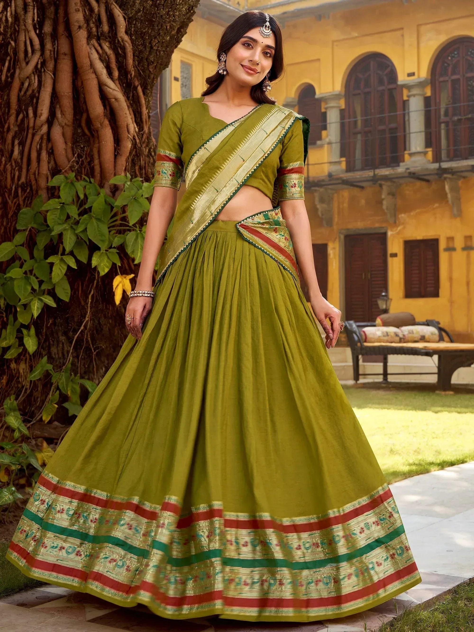 Fabulous Green Zari Weaving Chanderi Bridesmaid Half Saree Lehenga