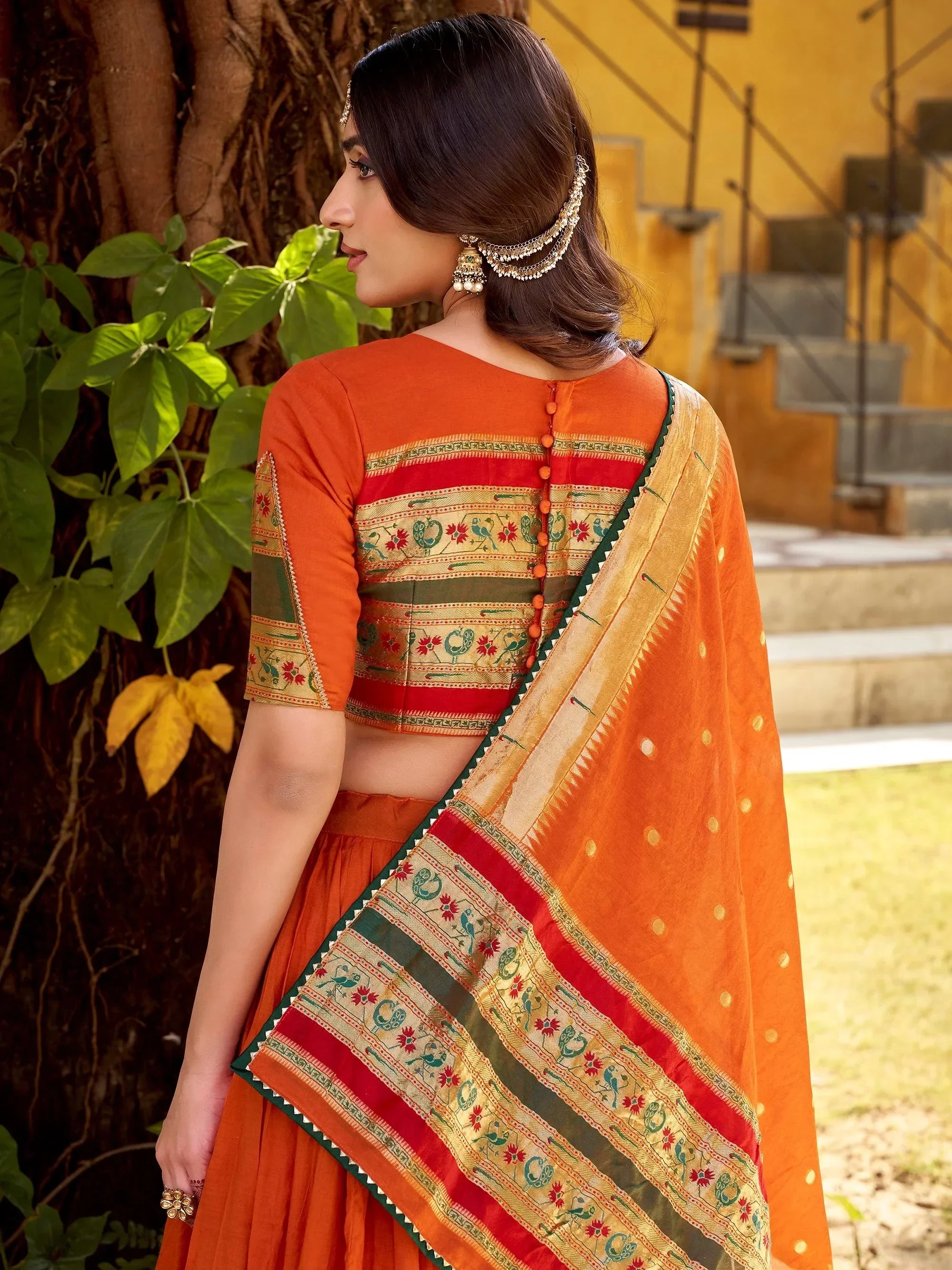 Pretty Orange Zari Weaving Chanderi Function Wear Half Saree Lehenga