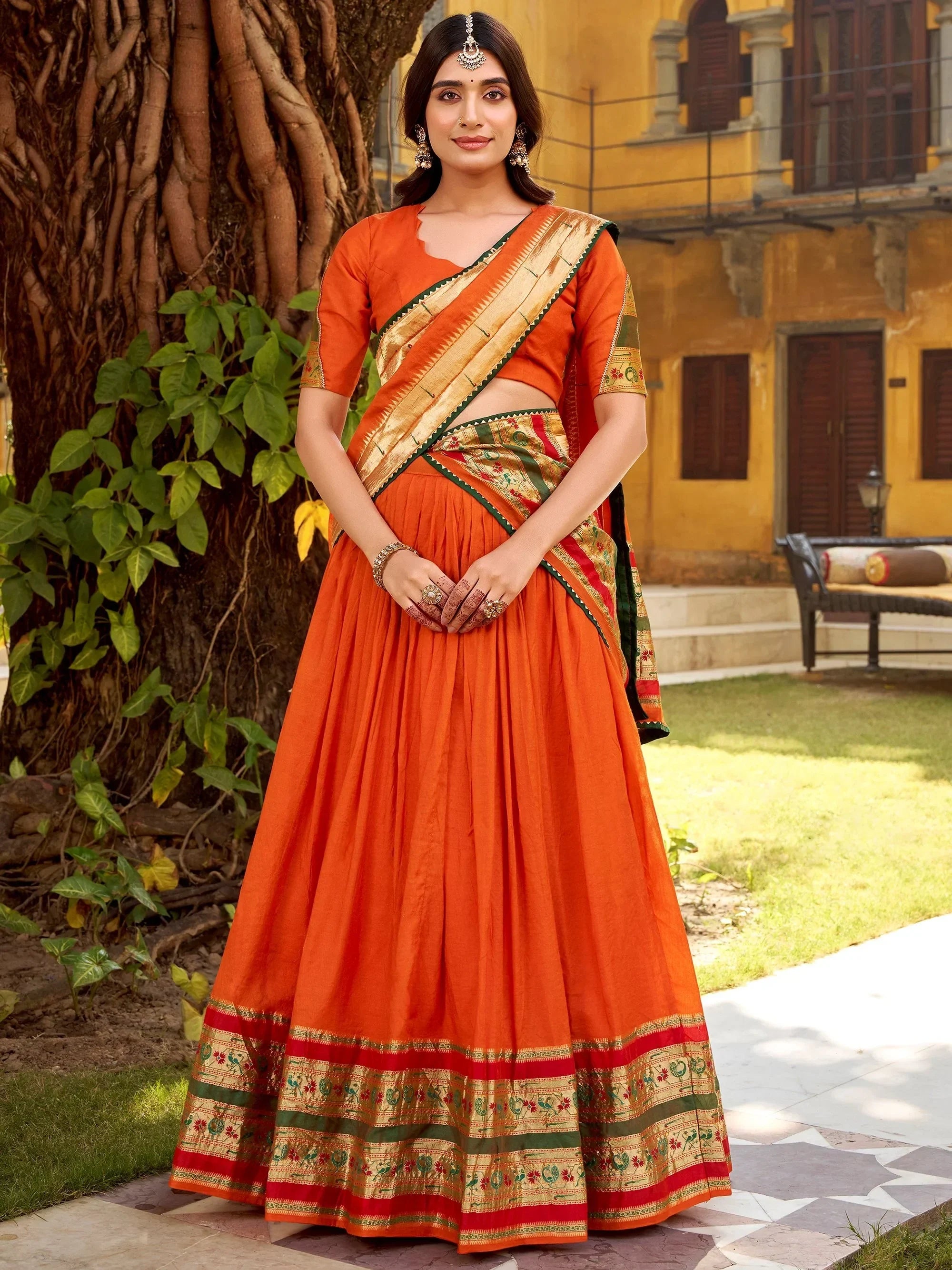 Pretty Orange Zari Weaving Chanderi Function Wear Half Saree Lehenga