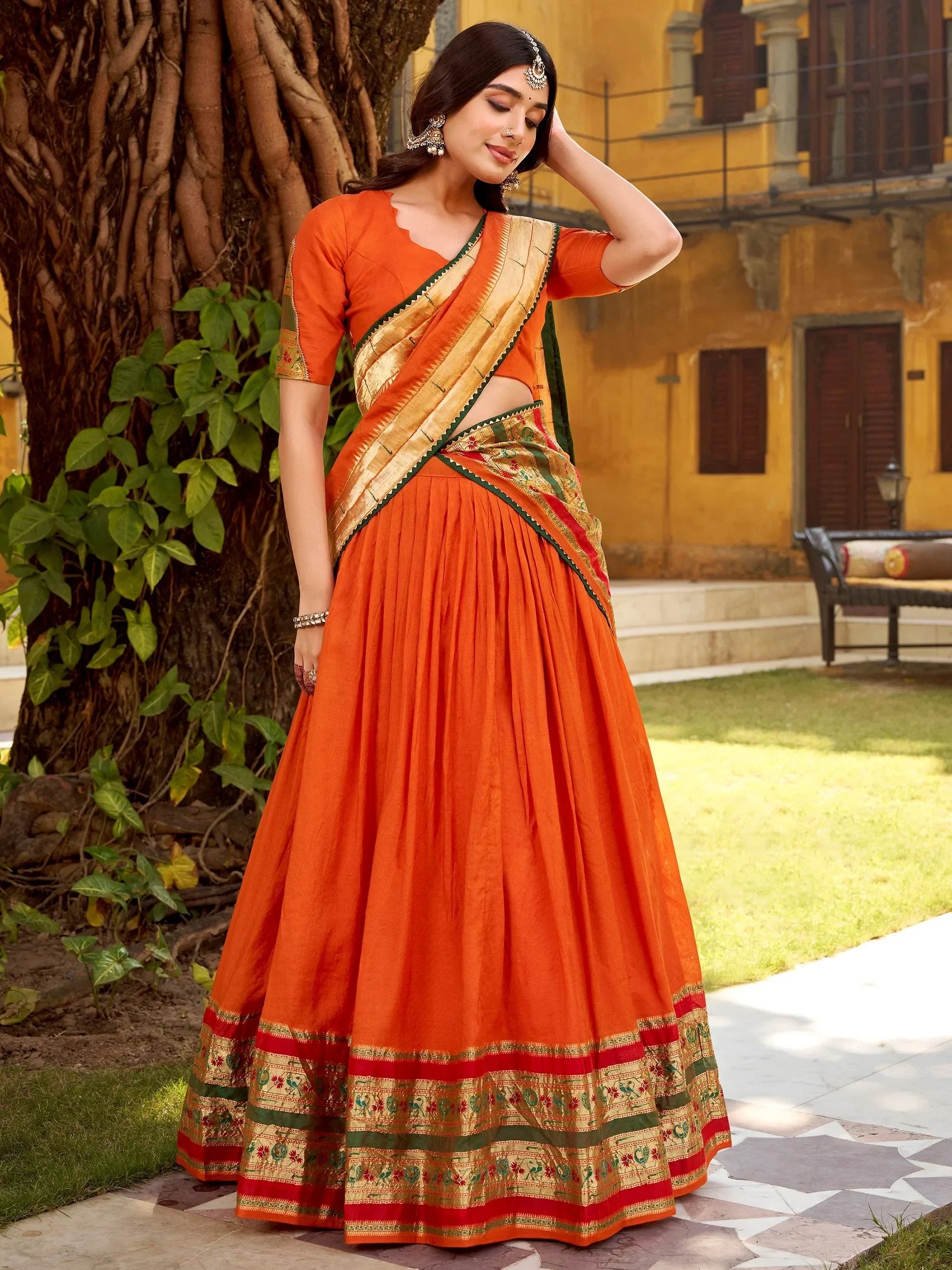 Pretty Orange Zari Weaving Chanderi Function Wear Half Saree Lehenga