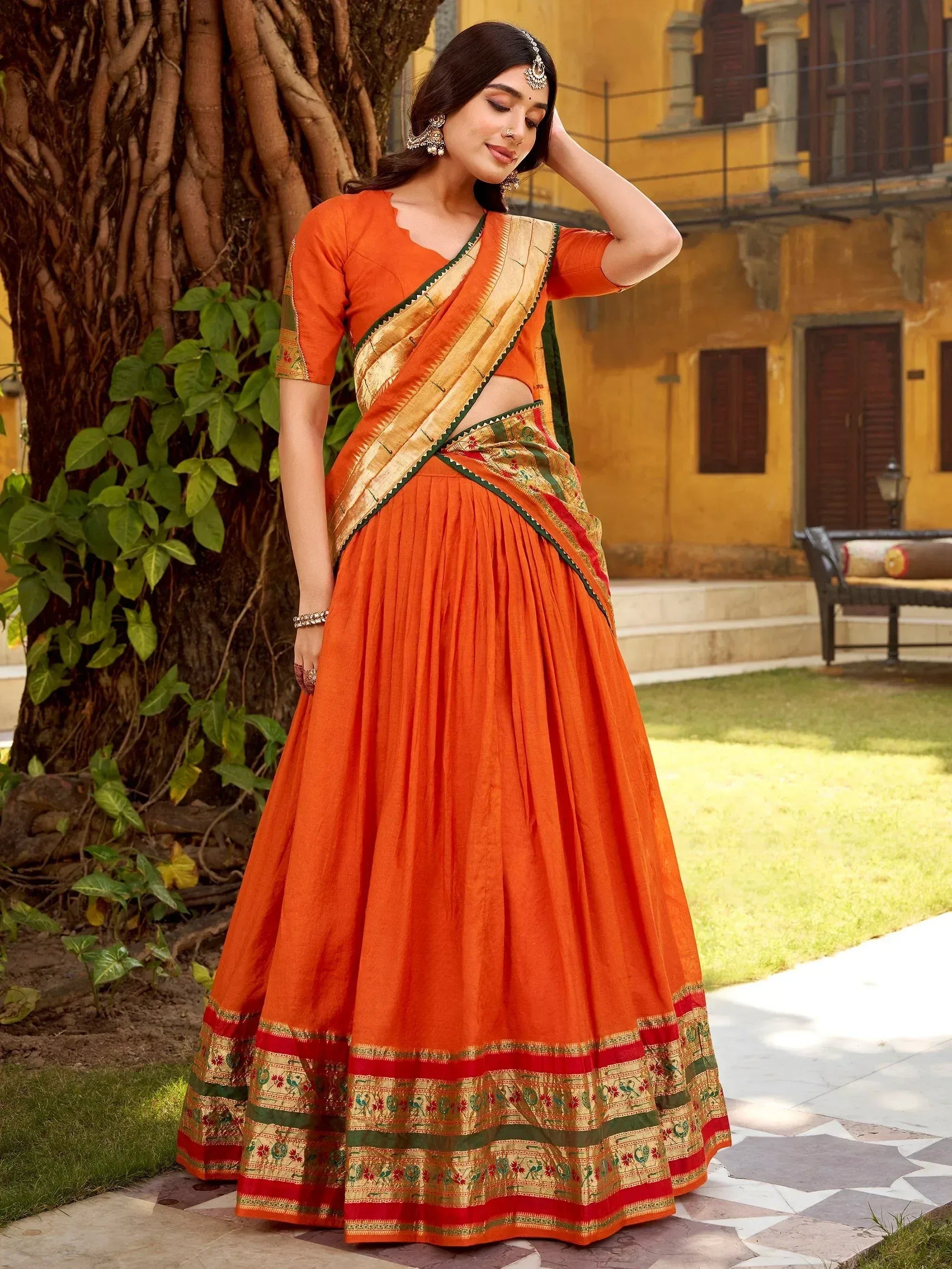 Pretty Orange Zari Weaving Chanderi Function Wear Half Saree Lehenga