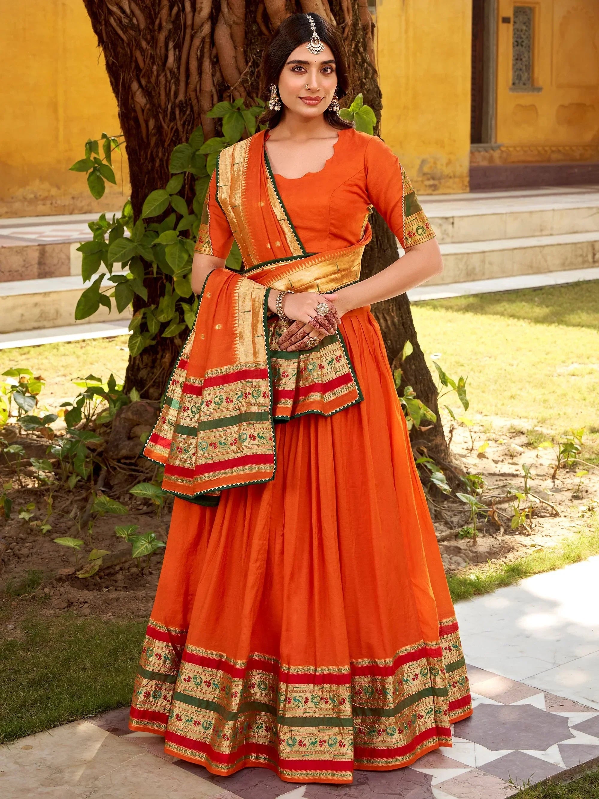 Pretty Orange Zari Weaving Chanderi Function Wear Half Saree Lehenga