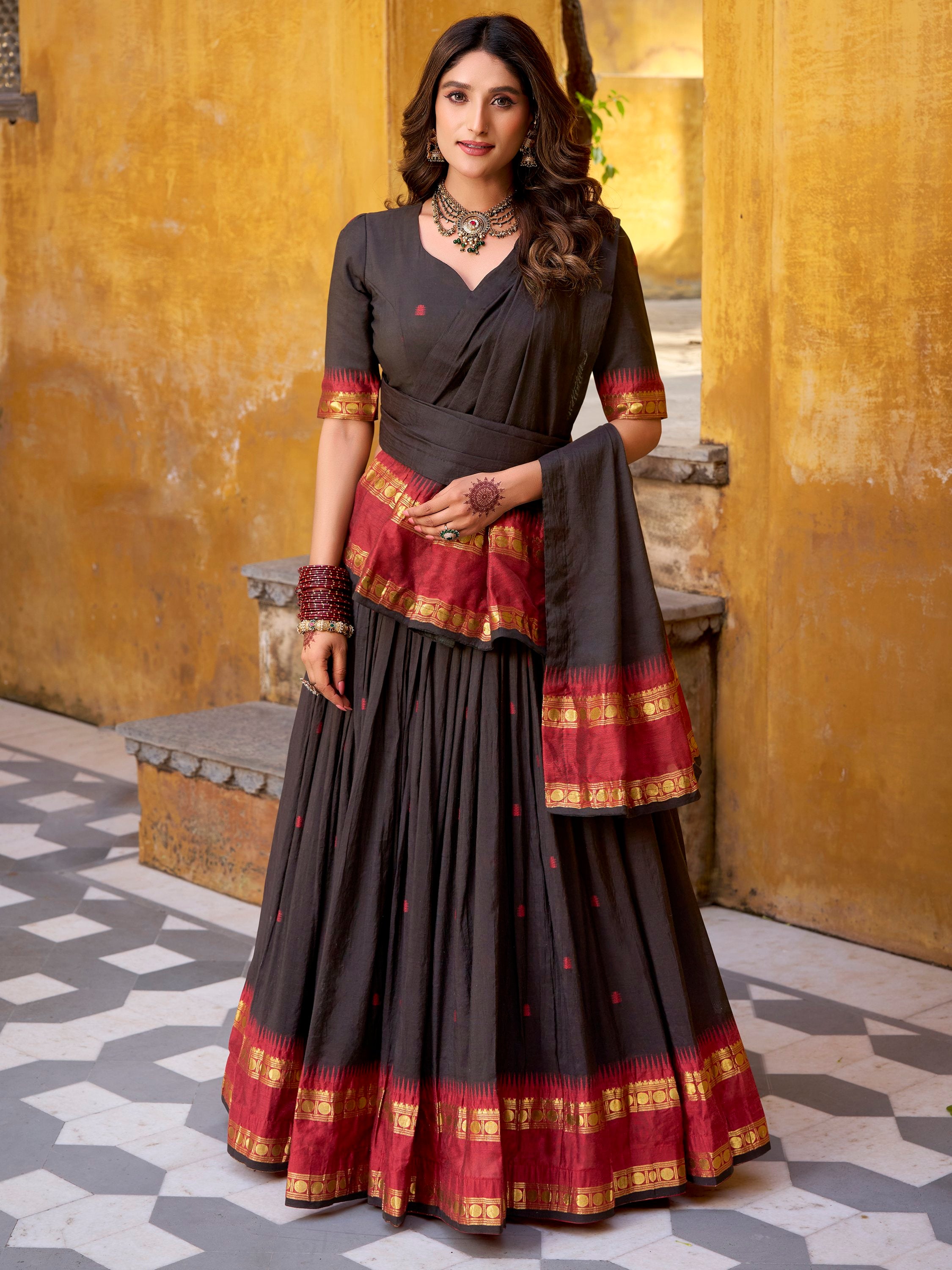 Fantastic Black Zari Weaving Chanderi Function Wear Half Saree Lehenga