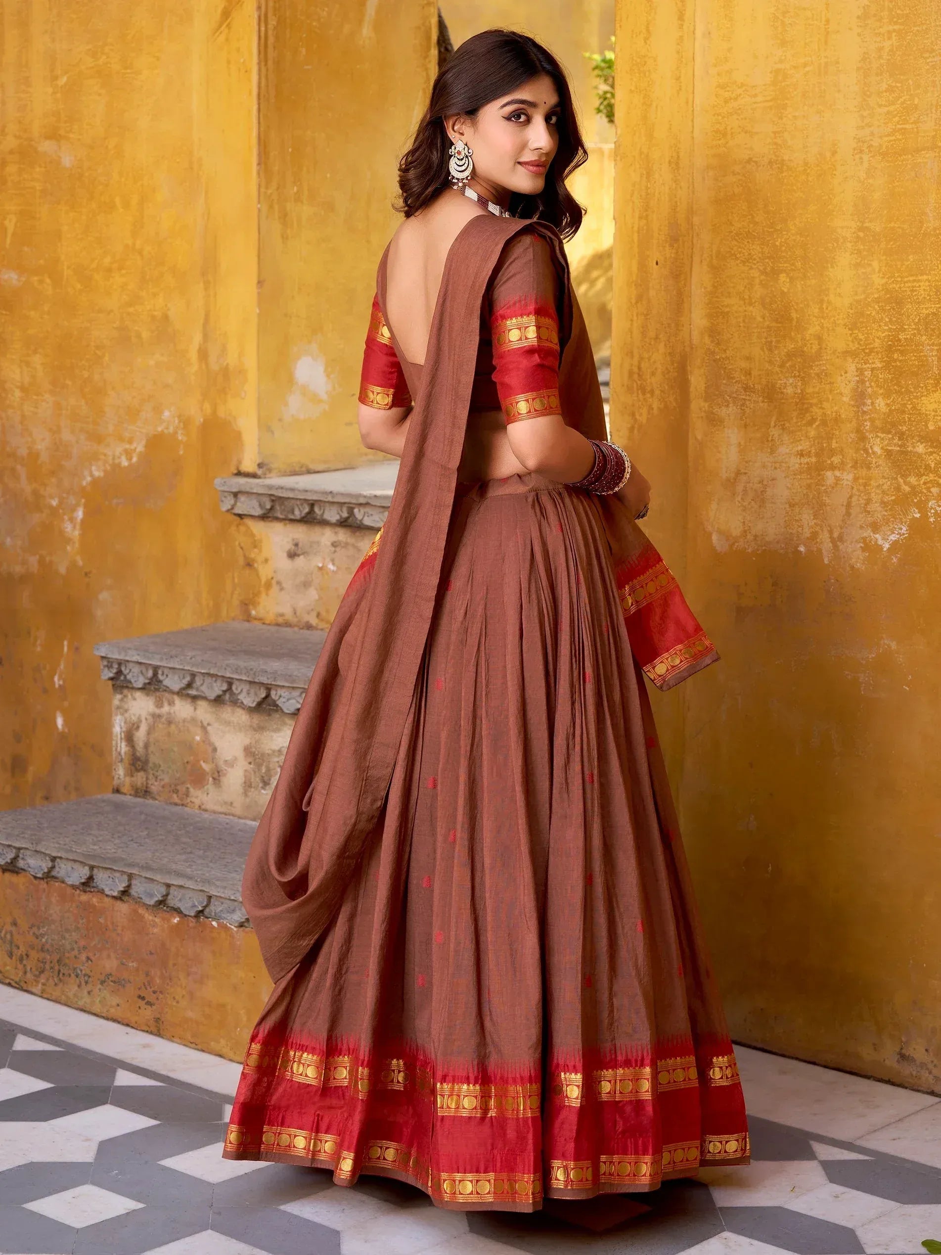 Super Brown Zari Work Chanderi Marriage Wear Half Saree Lehenga