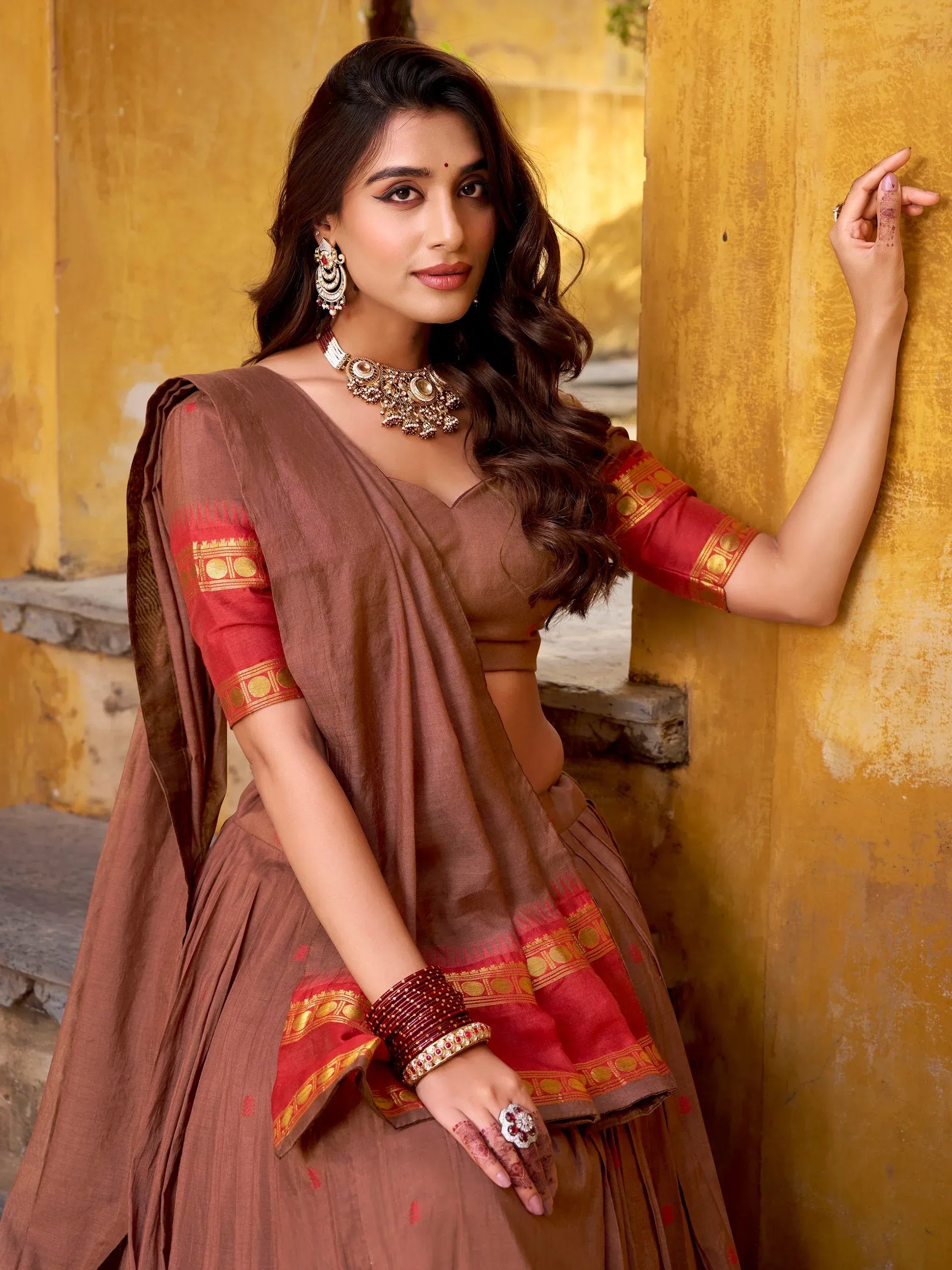 Super Brown Zari Work Chanderi Marriage Wear Half Saree Lehenga