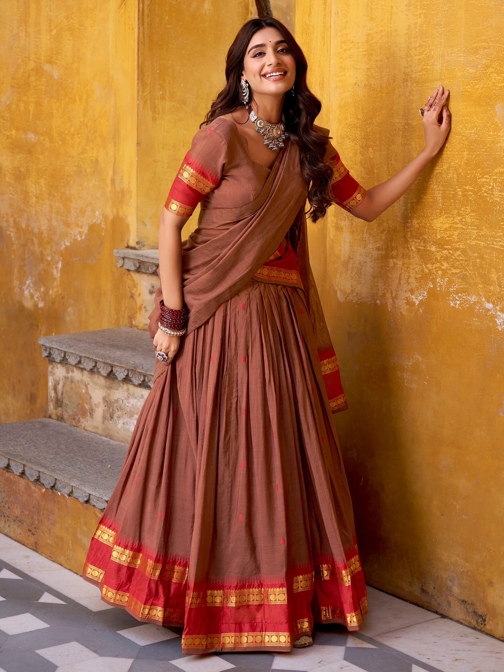 Super Brown Zari Work Chanderi Marriage Wear Half Saree Lehenga