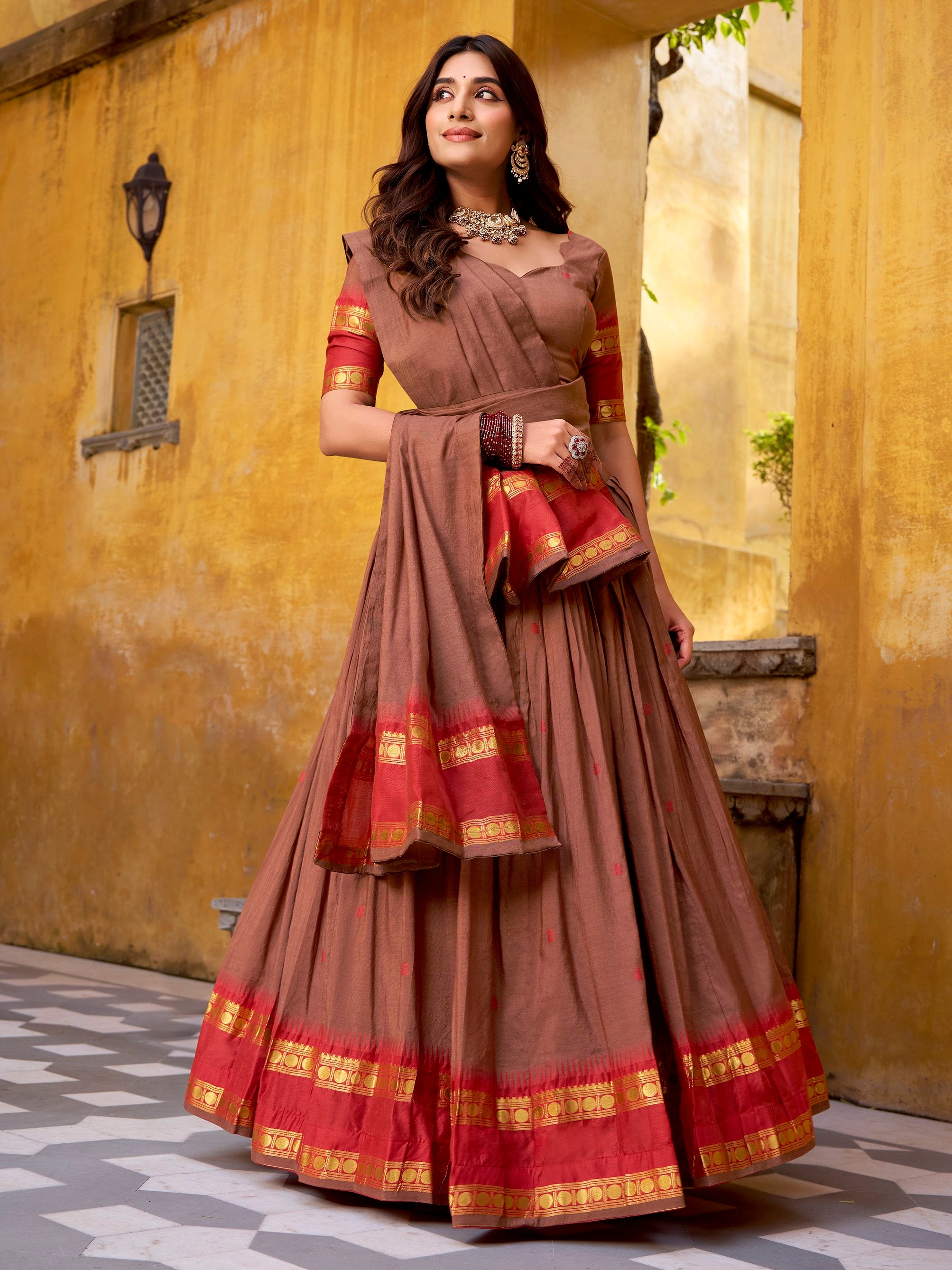 Super Brown Zari Work Chanderi Marriage Wear Half Saree Lehenga