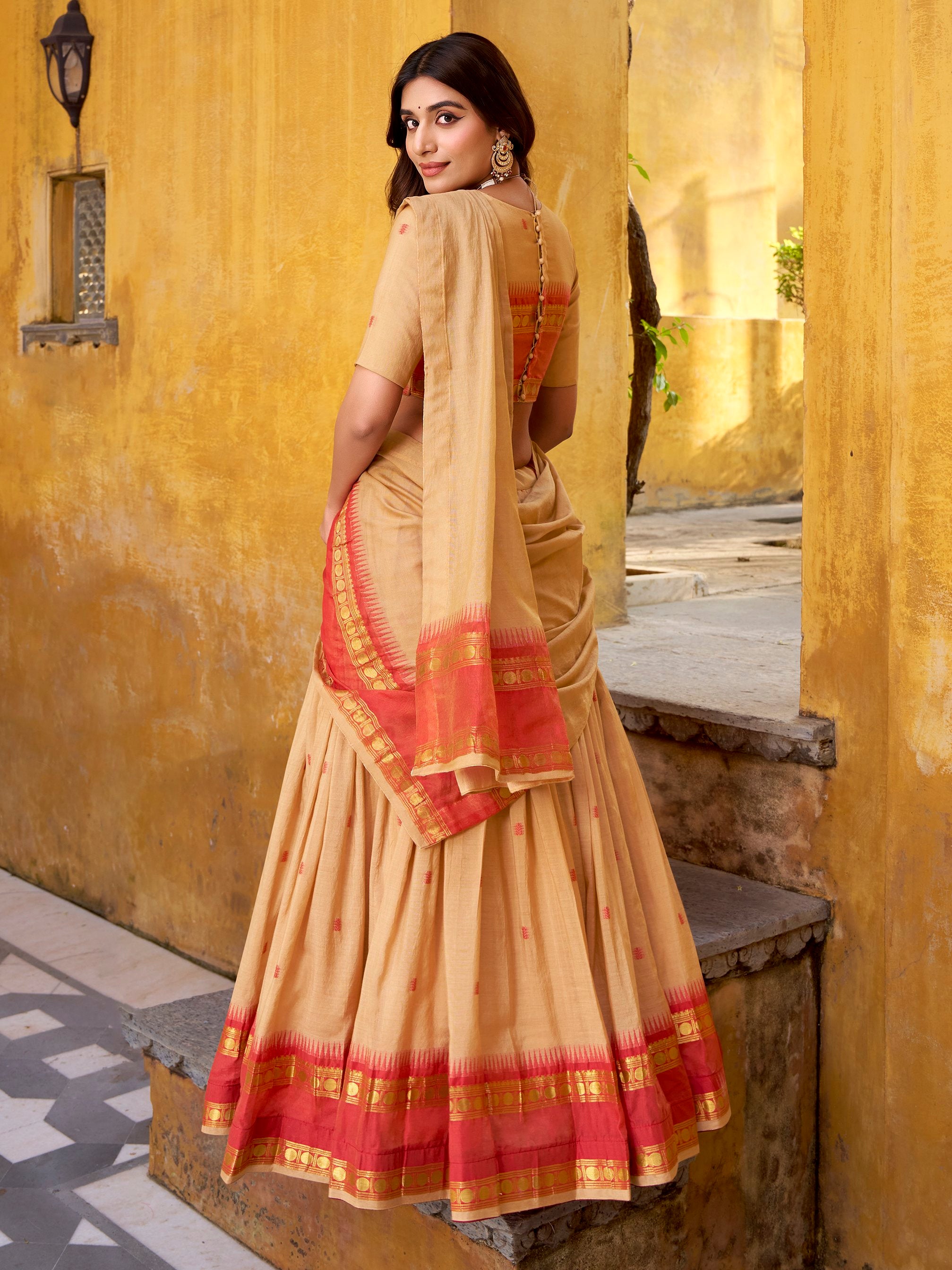 Rich Cream Zari Work Chanderi Festive Wear Half Saree Lehenga