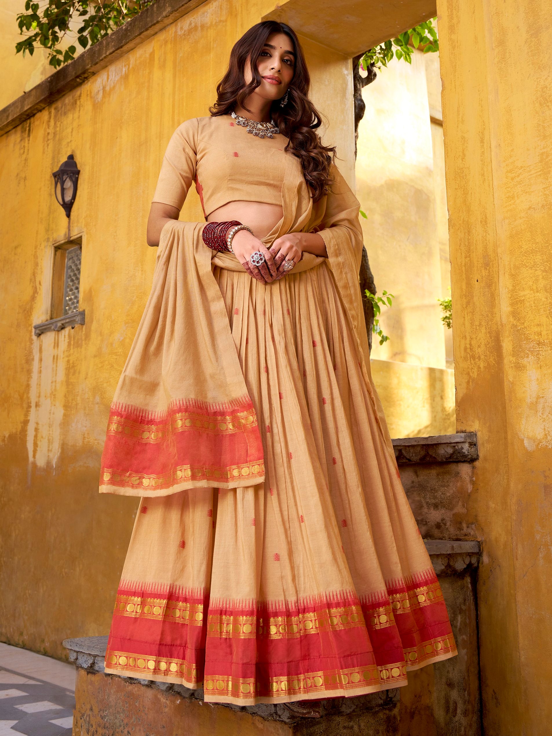 Rich Cream Zari Work Chanderi Festive Wear Half Saree Lehenga