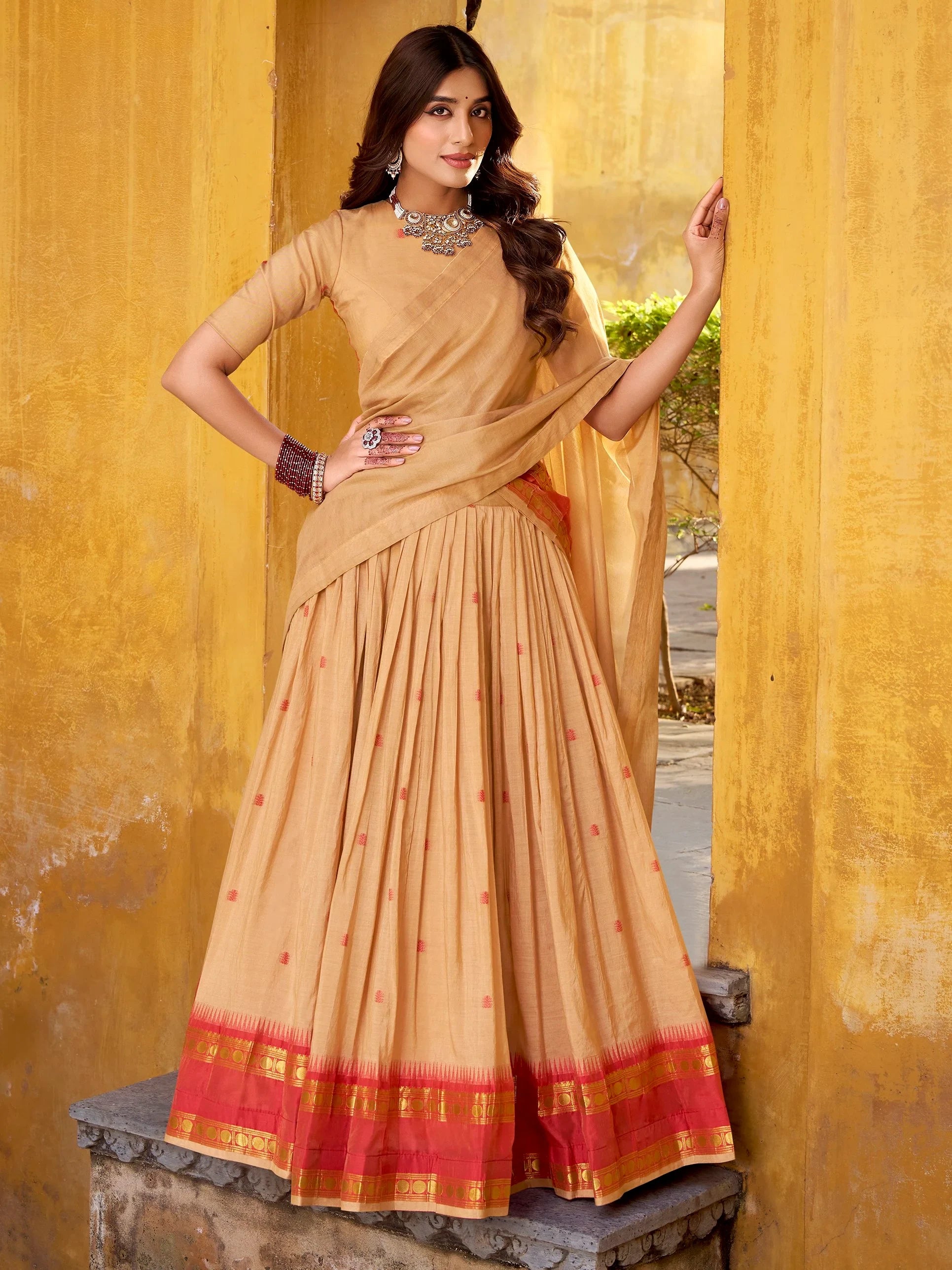 Rich Cream Zari Work Chanderi Festive Wear Half Saree Lehenga