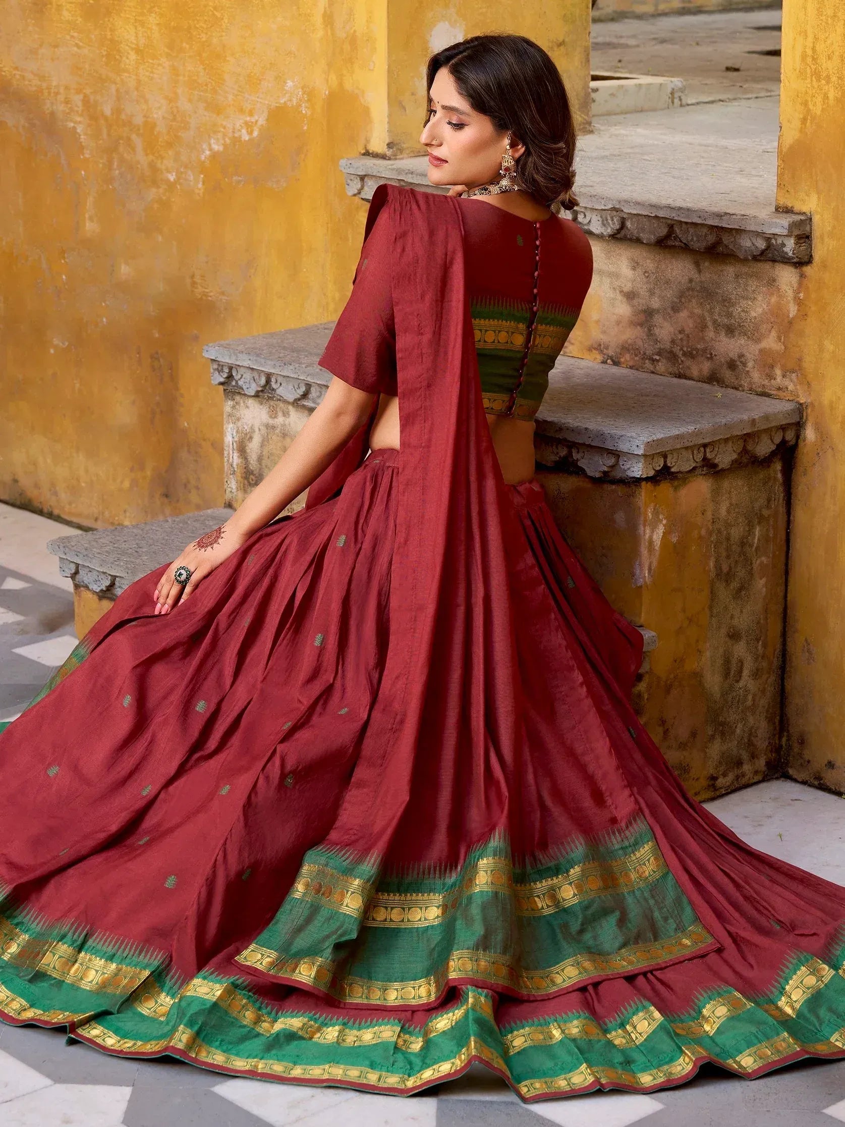 Lovely Maroon Zari Weaving Chanderi Wedding Wear Half Saree Lehenga