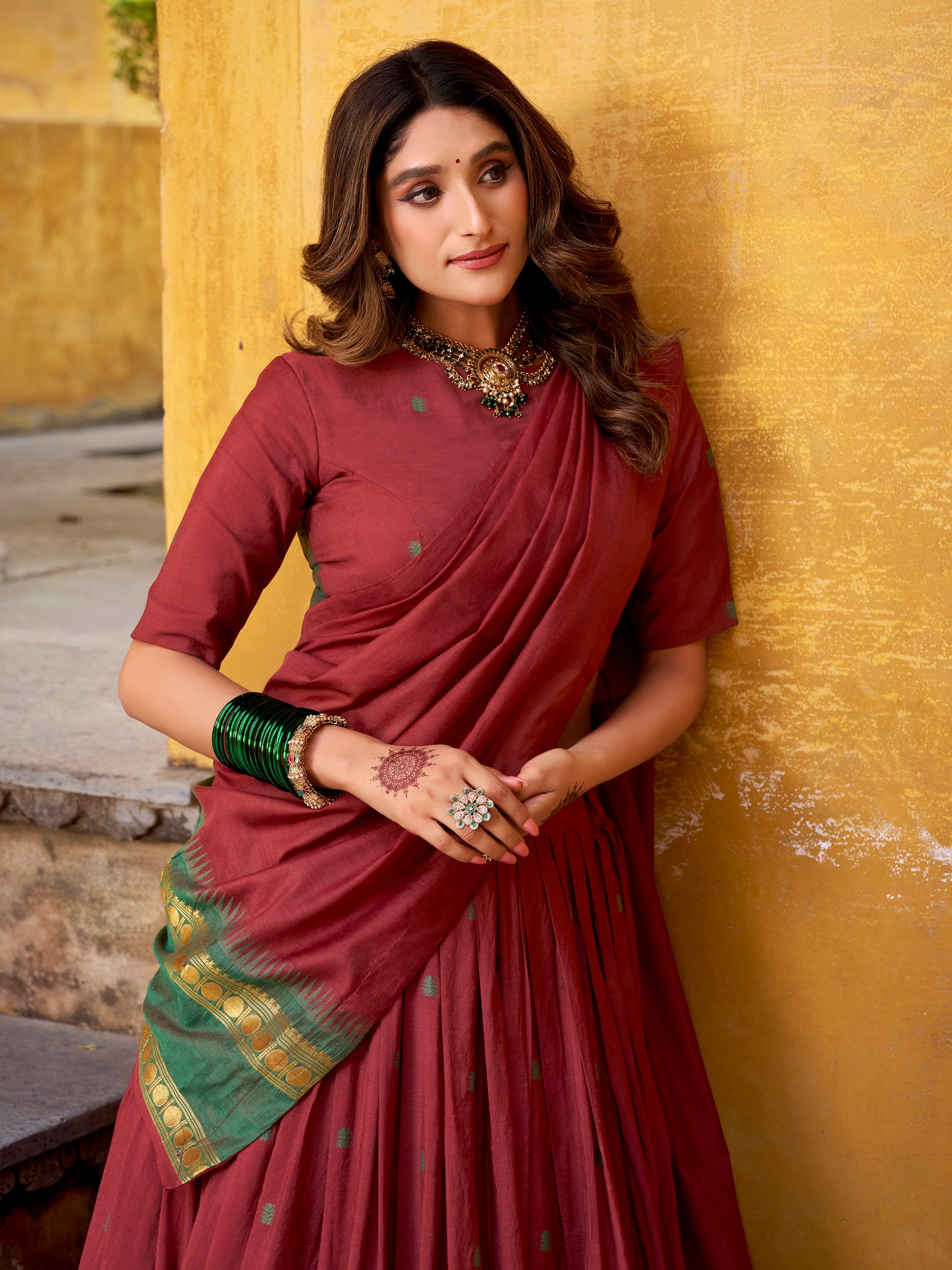 Lovely Maroon Zari Weaving Chanderi Wedding Wear Half Saree Lehenga