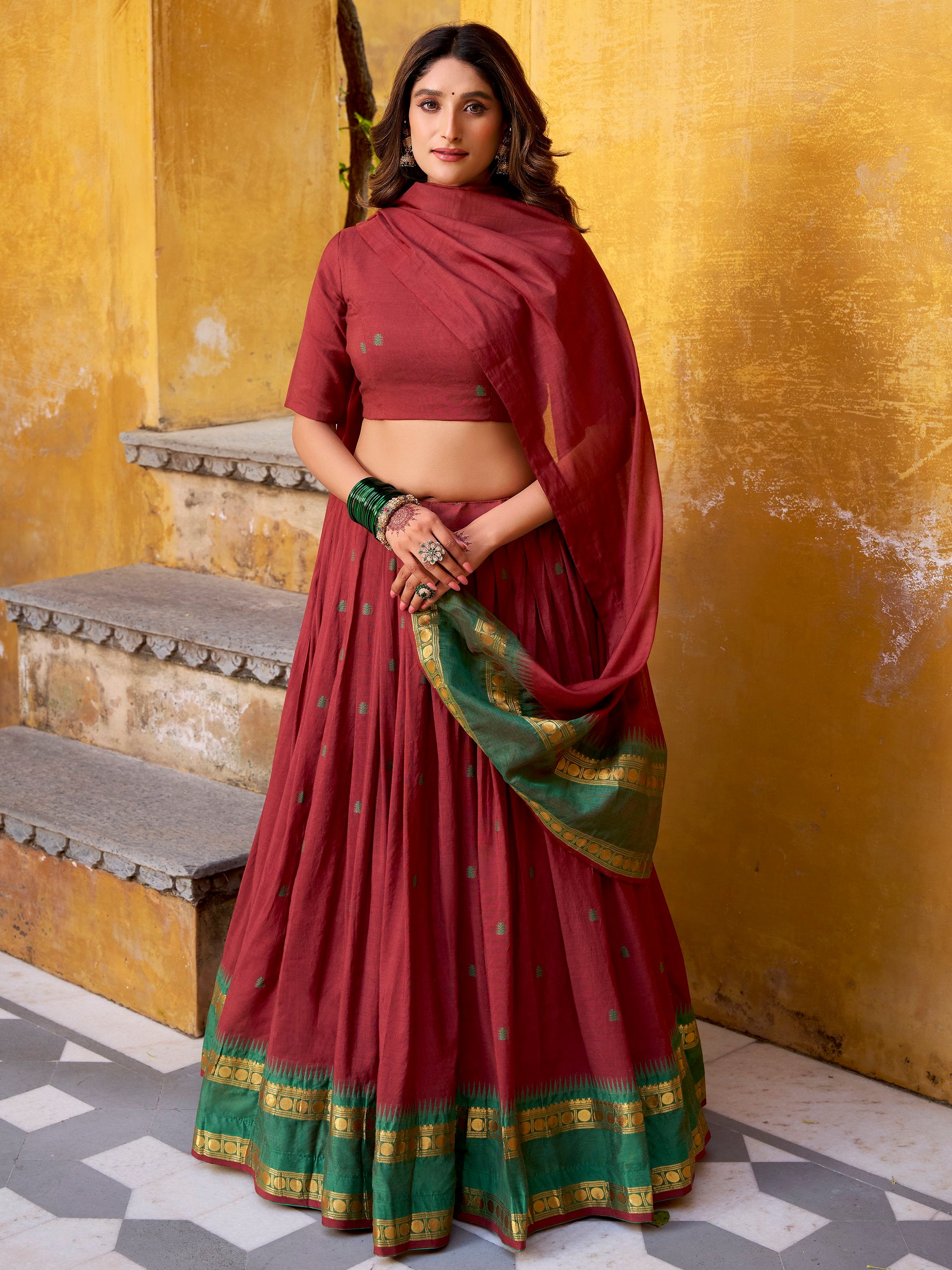 Lovely Maroon Zari Weaving Chanderi Wedding Wear Half Saree Lehenga