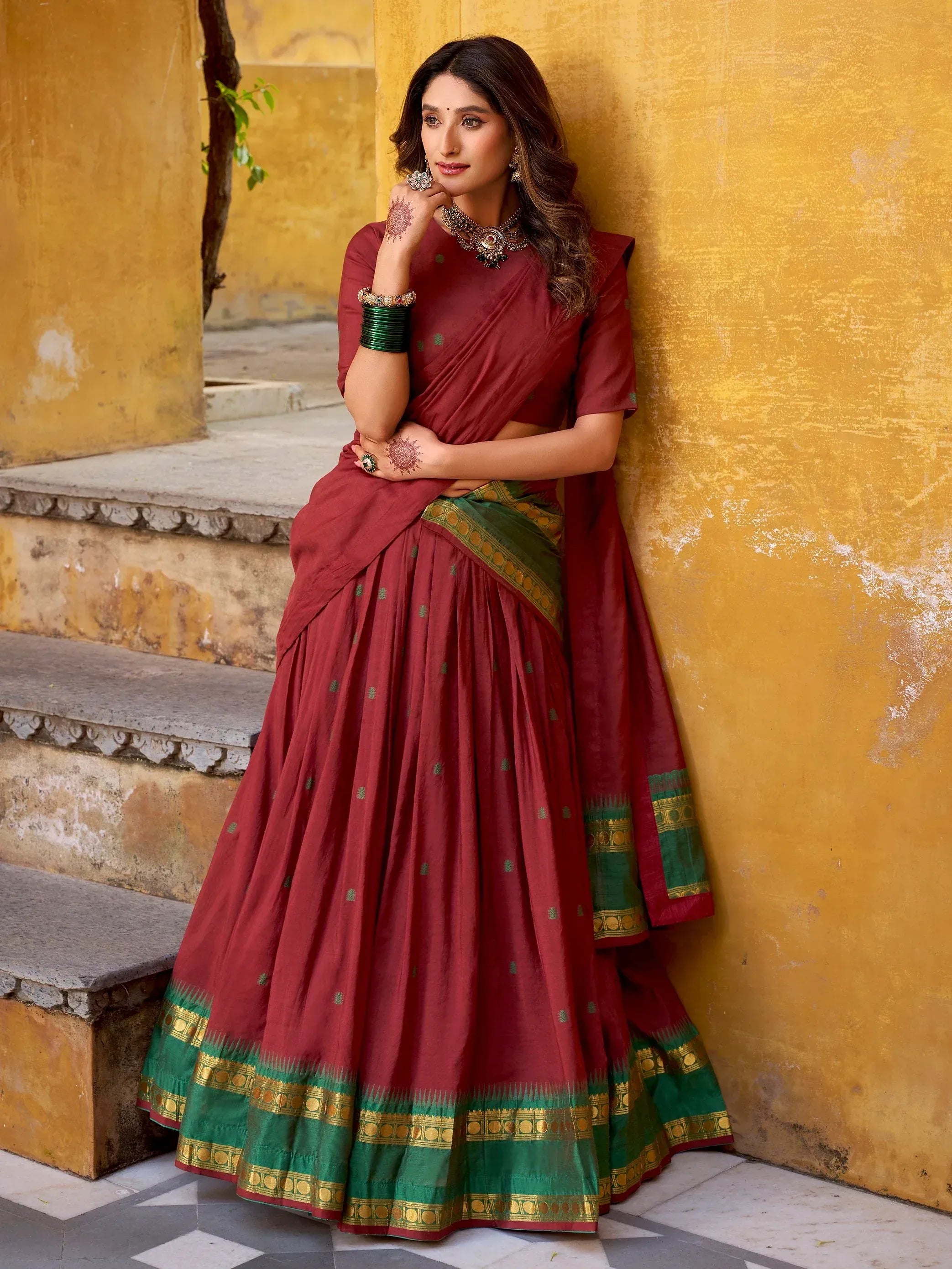 Lovely Maroon Zari Weaving Chanderi Wedding Wear Half Saree Lehenga