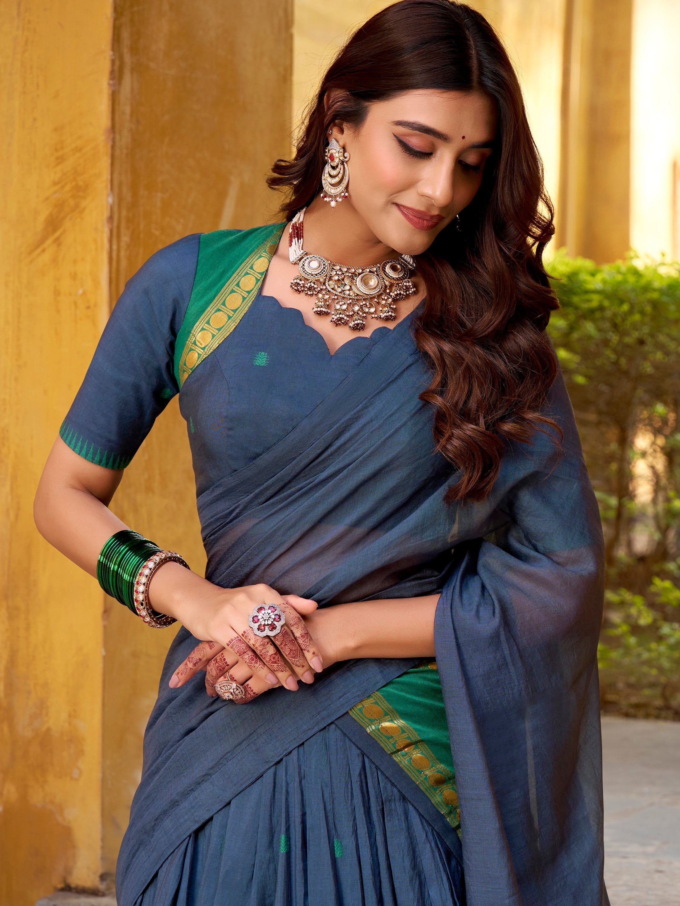 Wonderful Navy Blue Zari Weaving Chanderi Event Wear Half Saree Lehenga