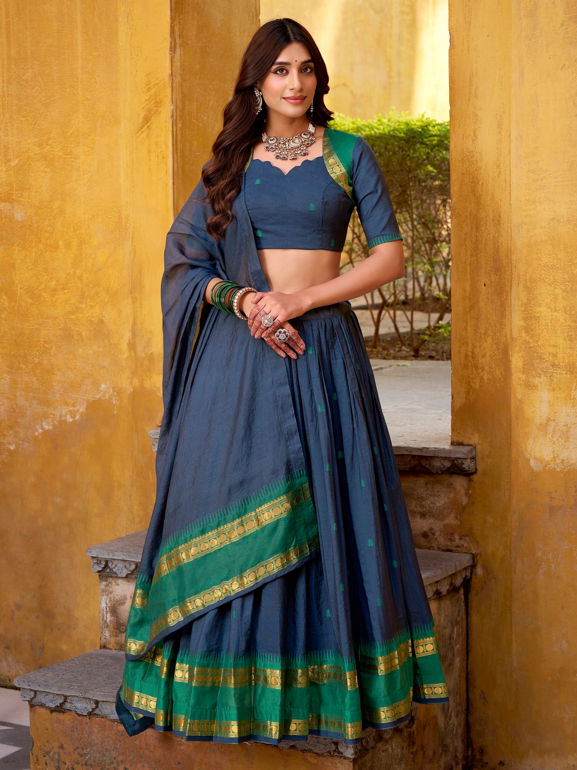 Wonderful Navy Blue Zari Weaving Chanderi Event Wear Half Saree Lehenga